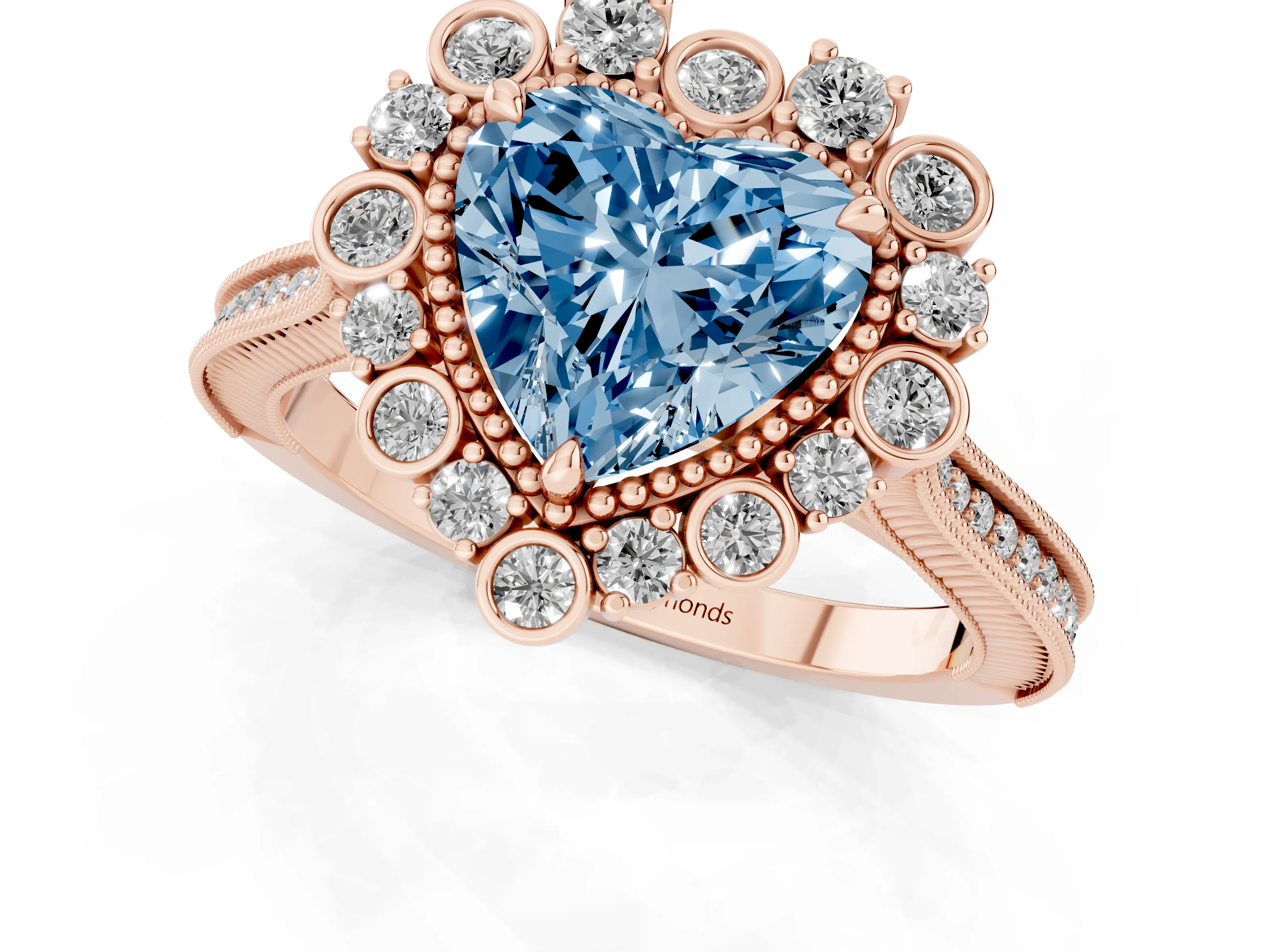 Fancy Blue Heart Cut Diamond Halo Milgrain Pavé Ring Set in Rose gold with Prong Setting