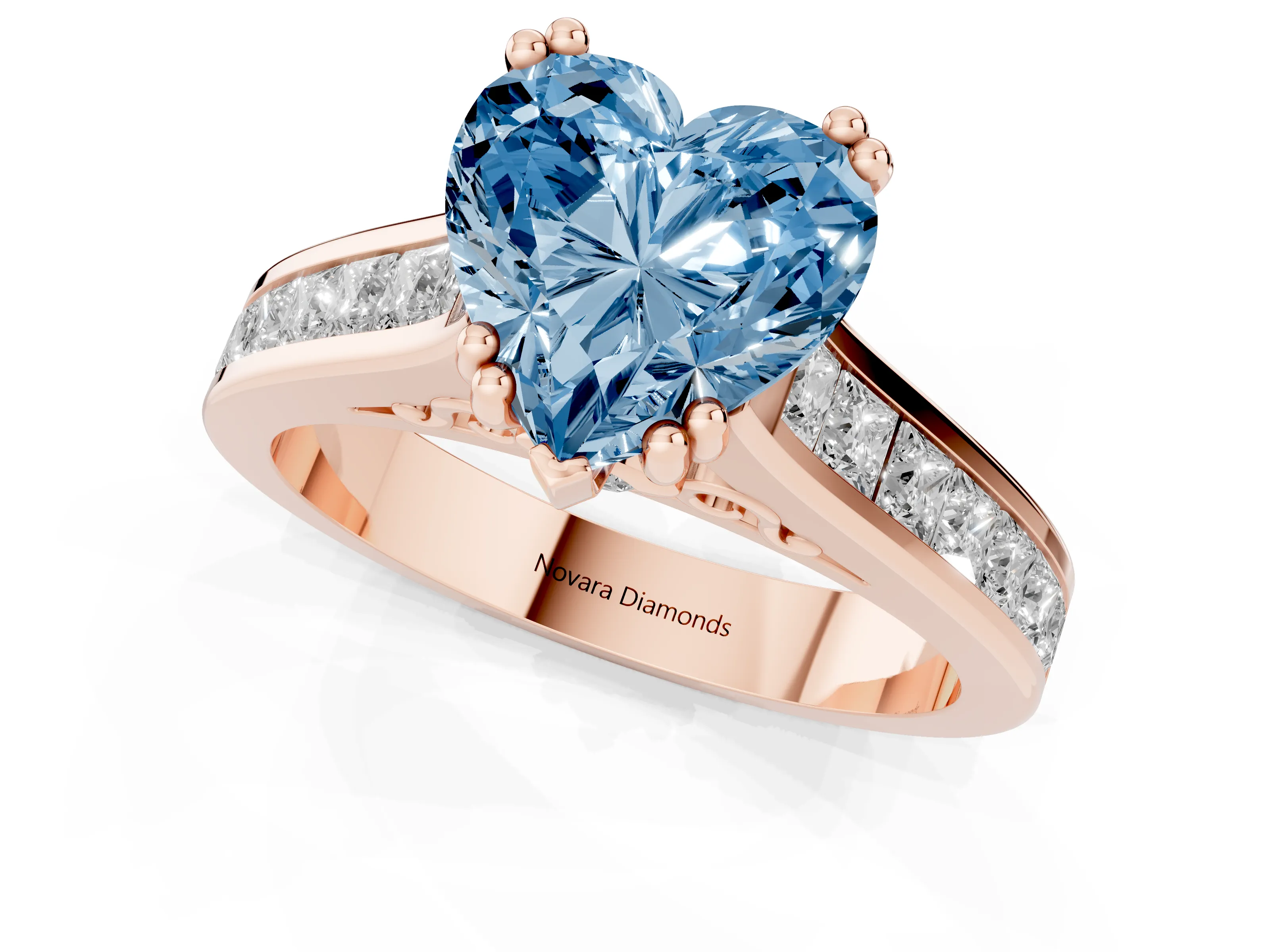 Fancy Blue Heart Cut Diamond Channel Set Solitaire Engagement Ring Set in Rose gold with Prong Setting