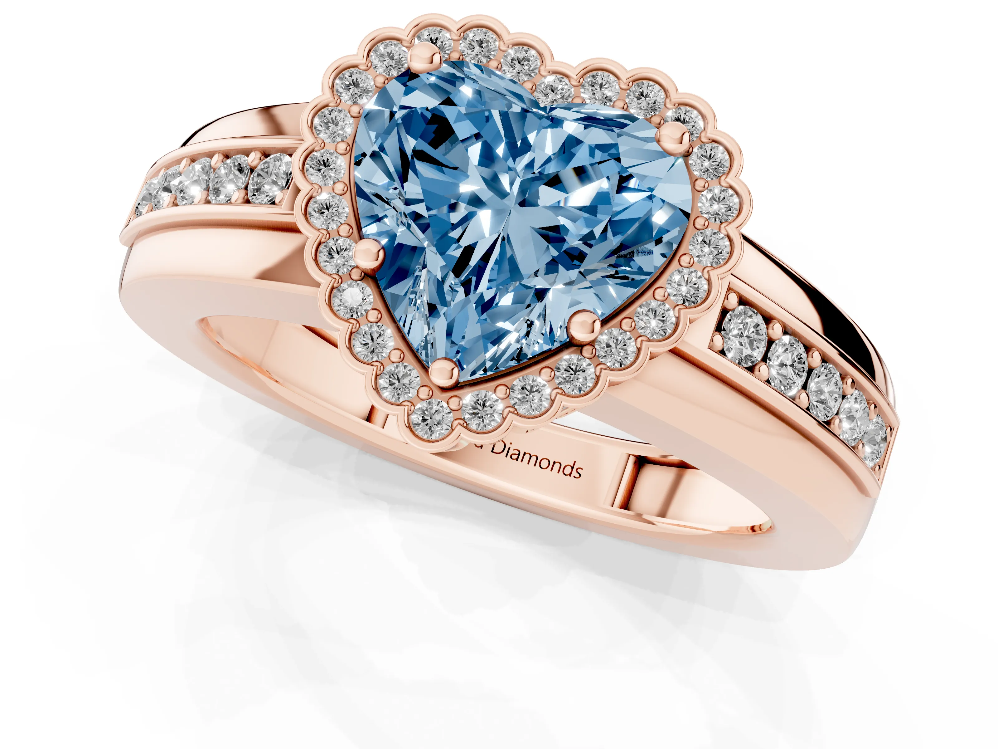 Fancy Blue Heart Cut Diamond Halo Prong Ring Set in Rose gold with Pavé Band