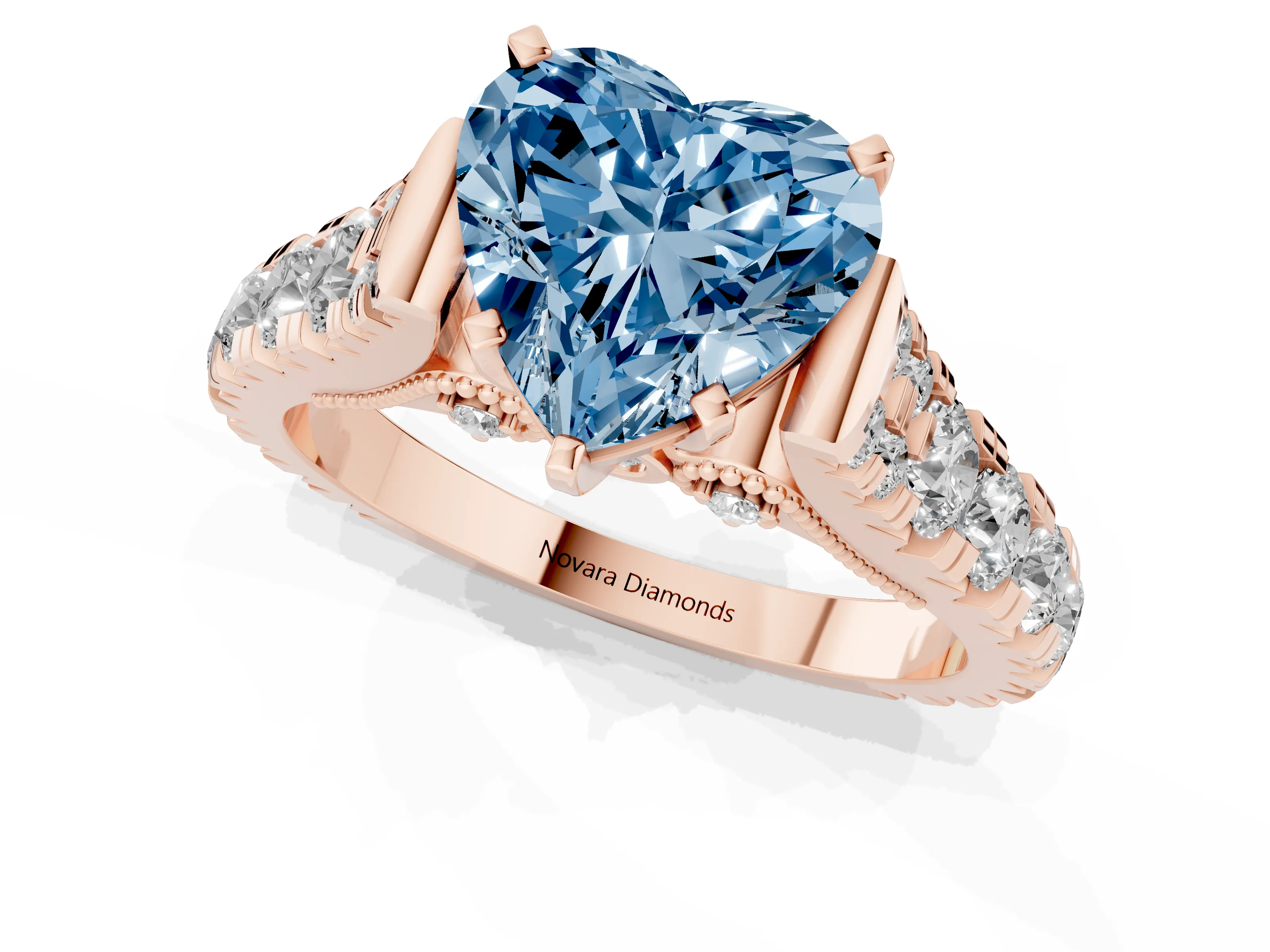 Fancy Blue Heart Cut Diamond Classic Solitaire Ring Set in Rose gold with Pavé Band and Prong Setting