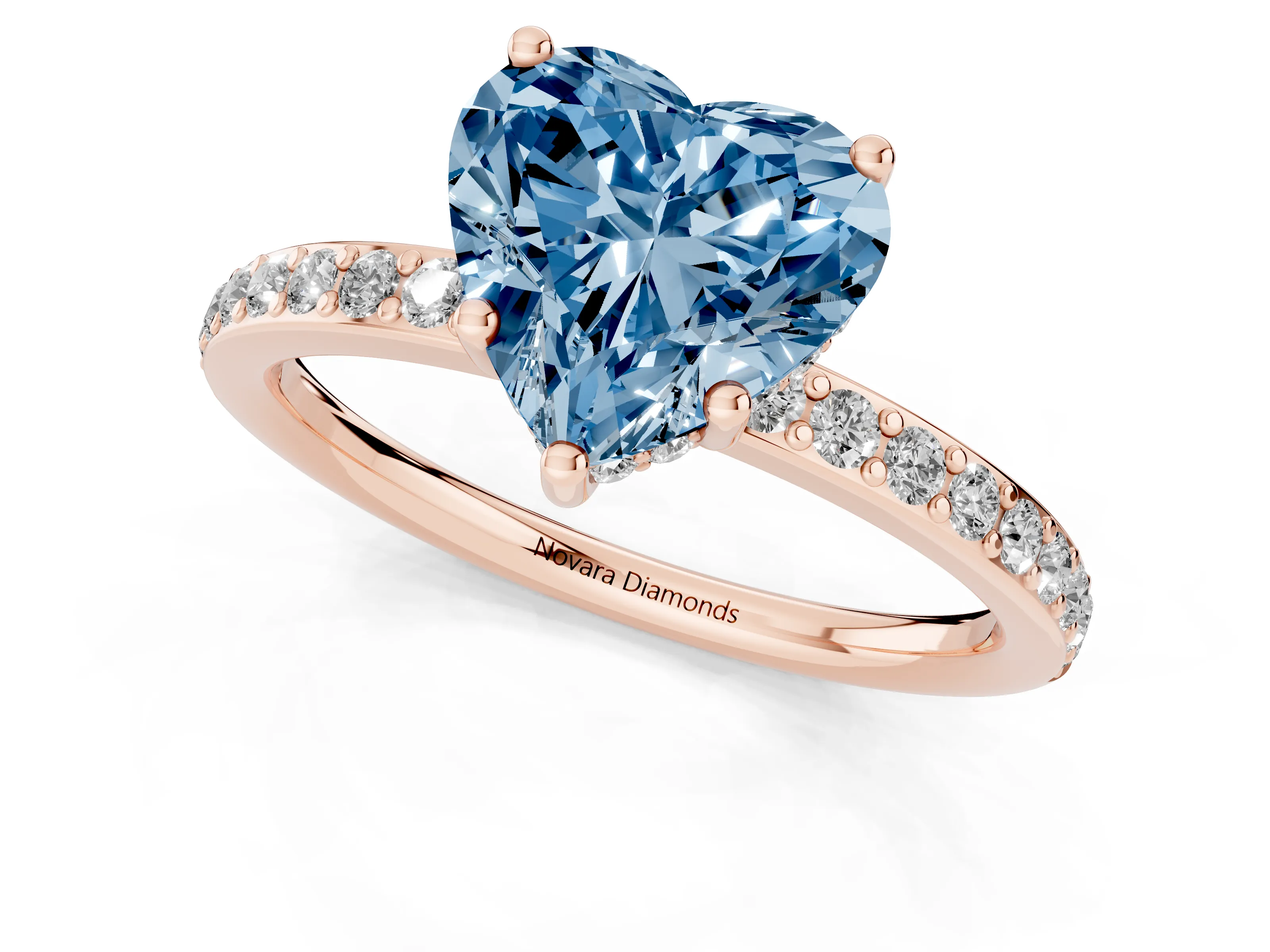 Fancy Blue Heart Cut Diamond Pavé Band Ring Set in Rose gold with Prong-Set Center Stone
