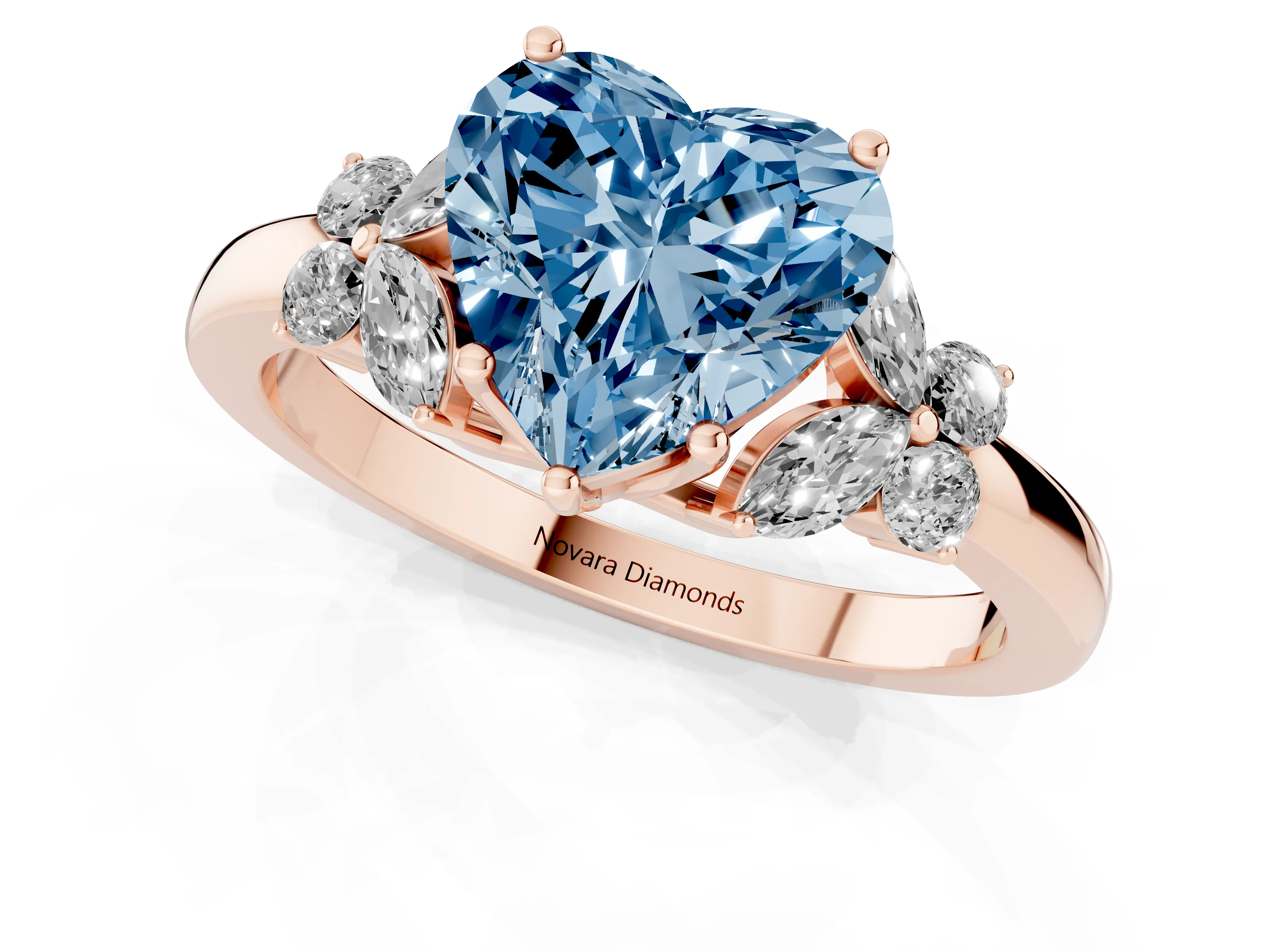 Fancy Blue Heart Cut Diamond Solitaire Floral Ring Set in Rose gold with Marquise Petals and Prong Setting