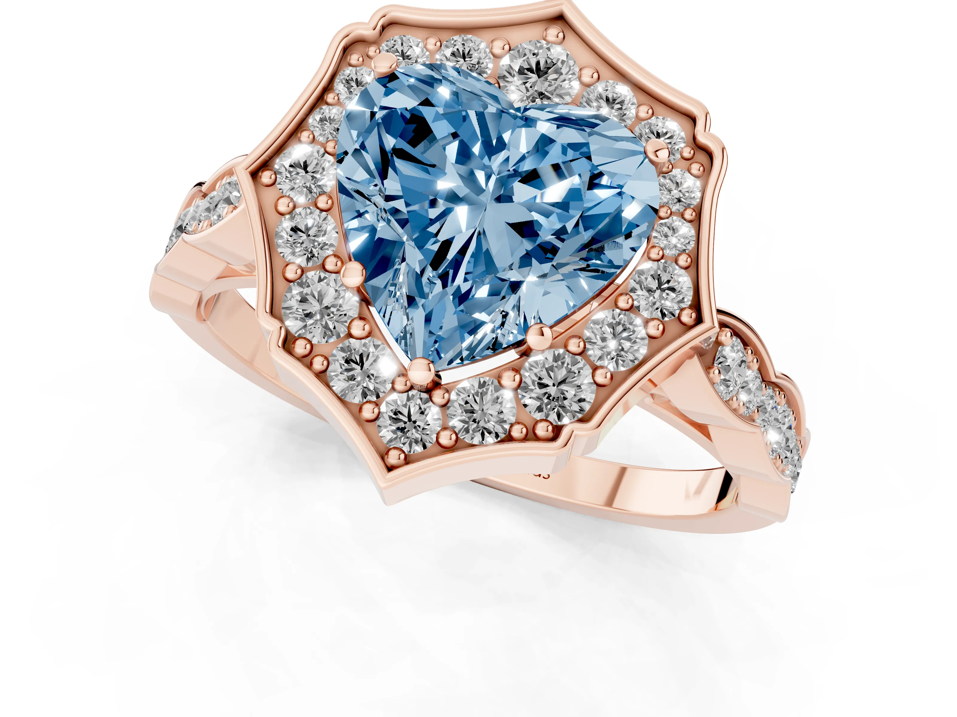 Fancy Blue Heart Cut Diamond Halo Engagement Ring Set in Rose gold with Milgrain Band and Prong Setting
