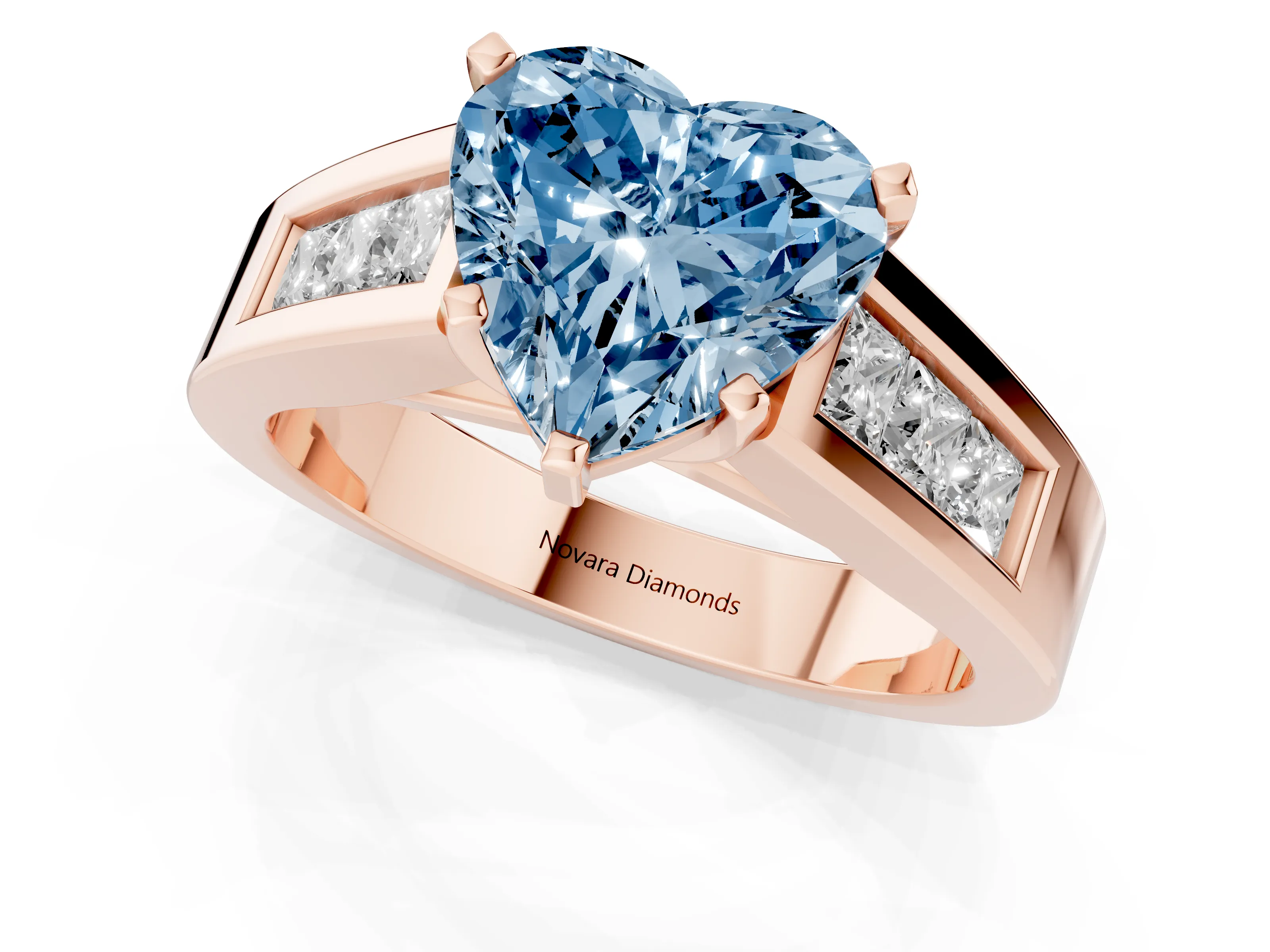 Fancy Blue Heart Cut Diamond Solitaire Ring Set in Rose gold with Channel-Set Accent Stones and Prong Setting