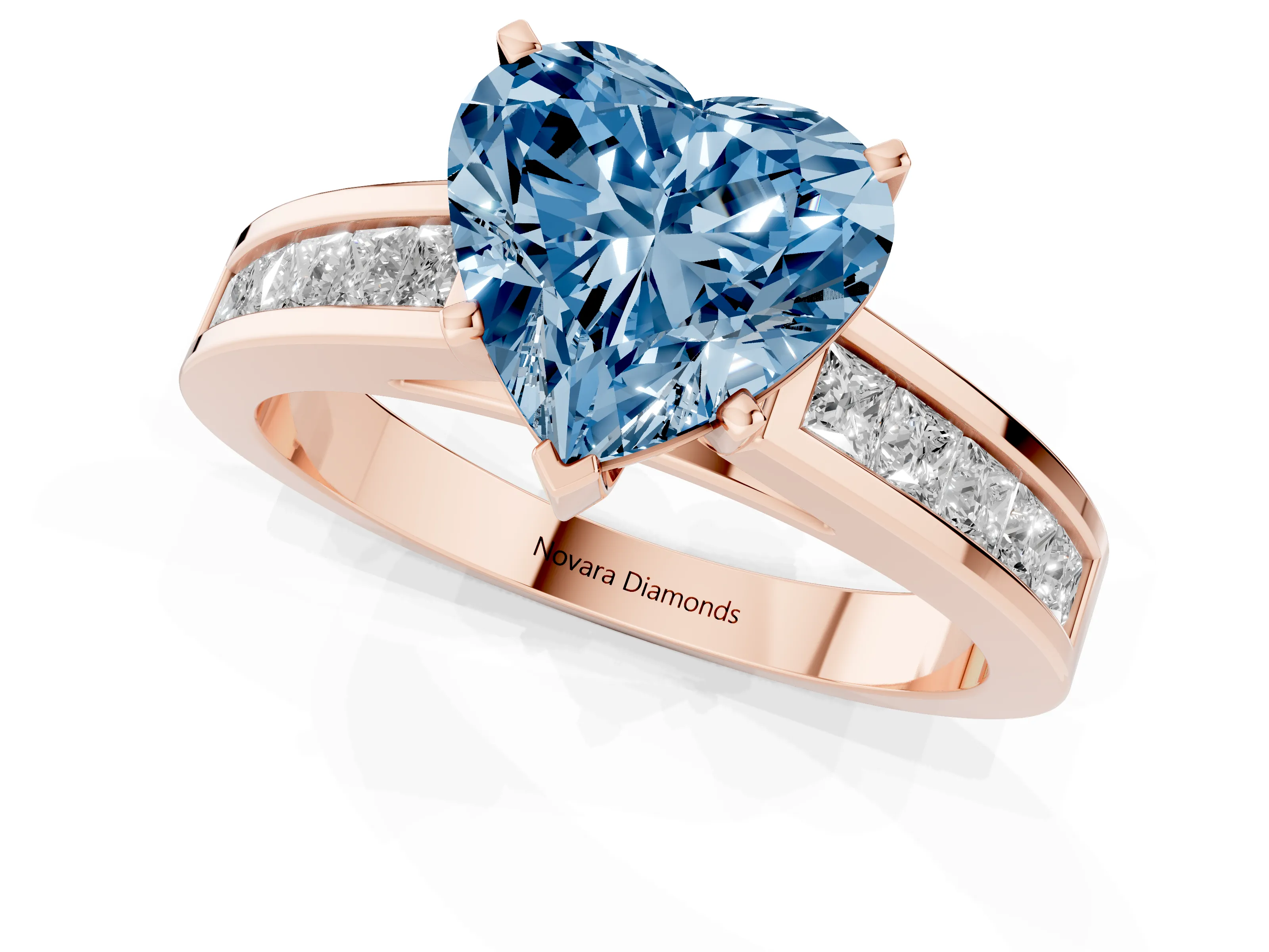 Fancy Blue Heart Cut Diamond Solitaire Ring Set in Rose gold with Channel-Set Band and Prong Setting