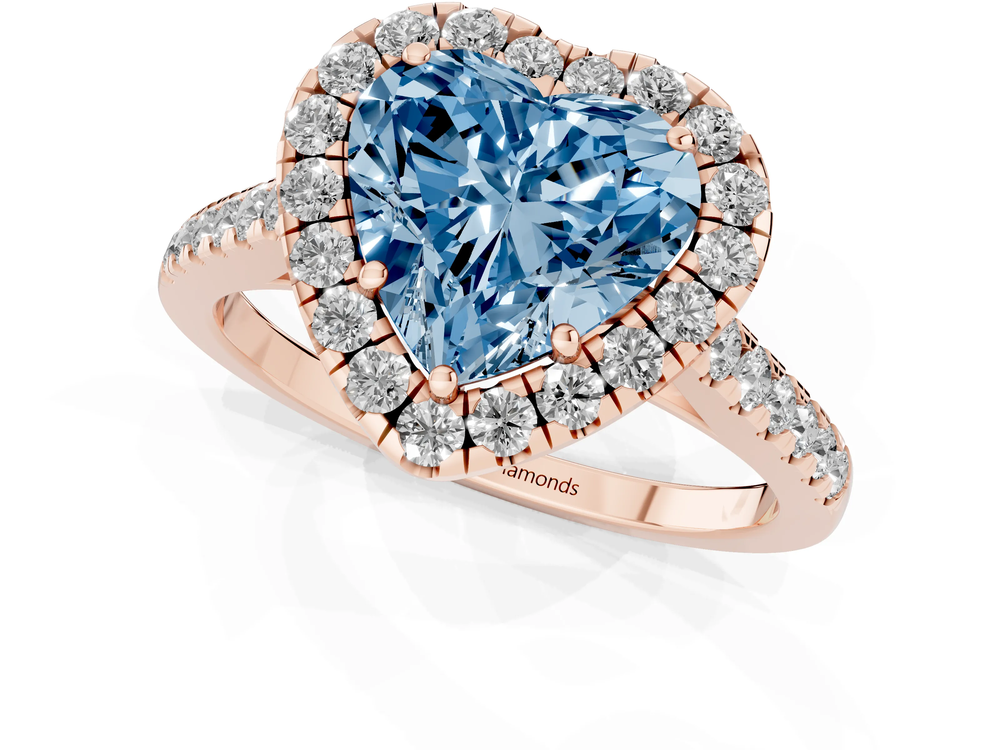 Fancy Blue Heart Cut Diamond Halo Pavé Engagement Ring Set in Rose gold with Prong Setting