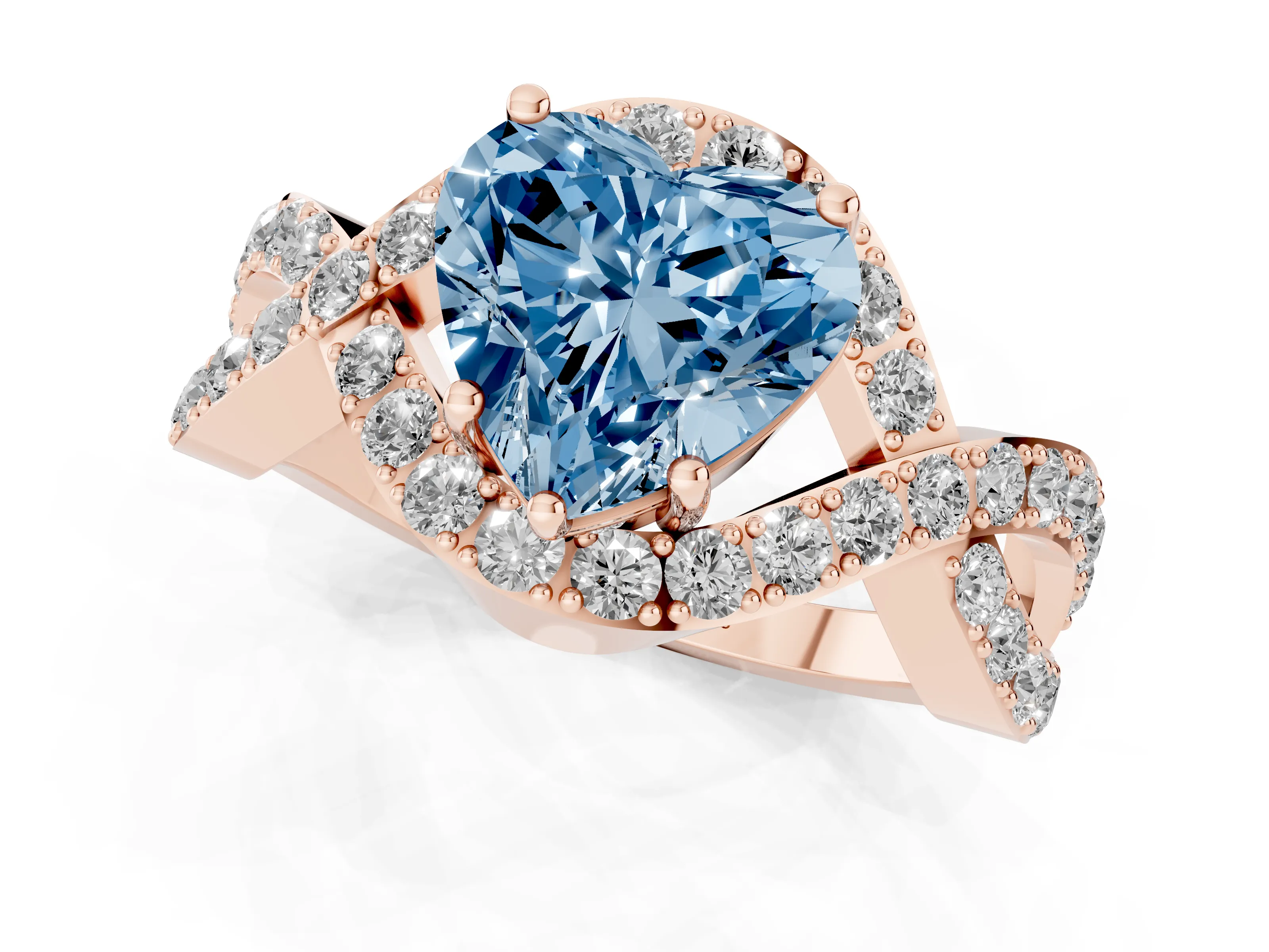 Fancy Blue Heart Cut Diamond Solitaire Twist Band Pavé Engagement Ring Set in Rose gold