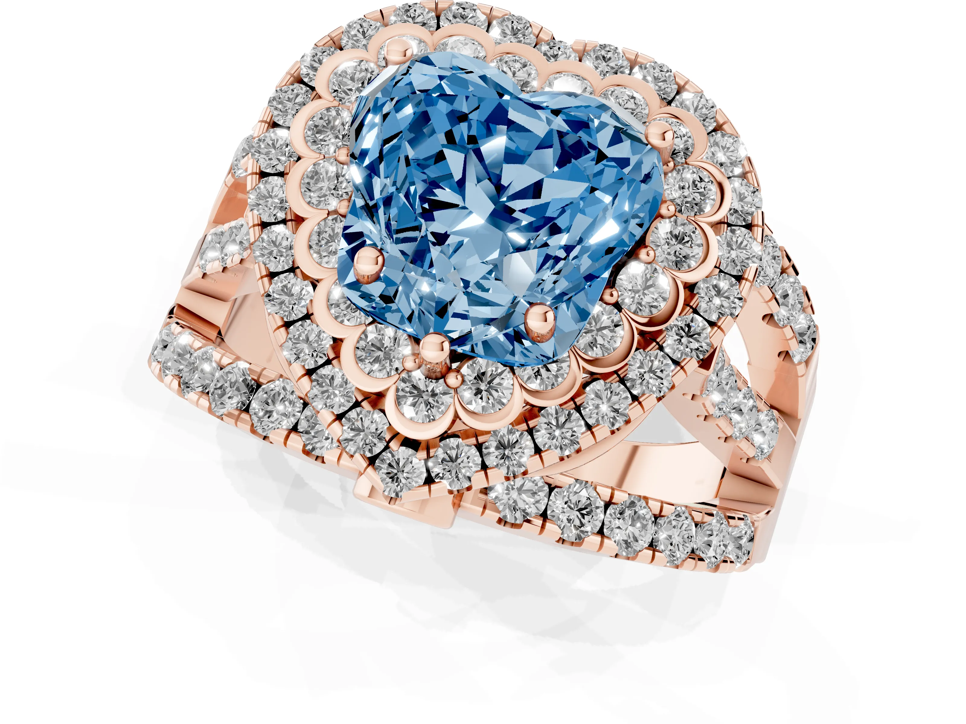 Fancy Blue Heart Cut Diamond Double Halo Ring Set in Rose gold with Round Pavé Split Shank