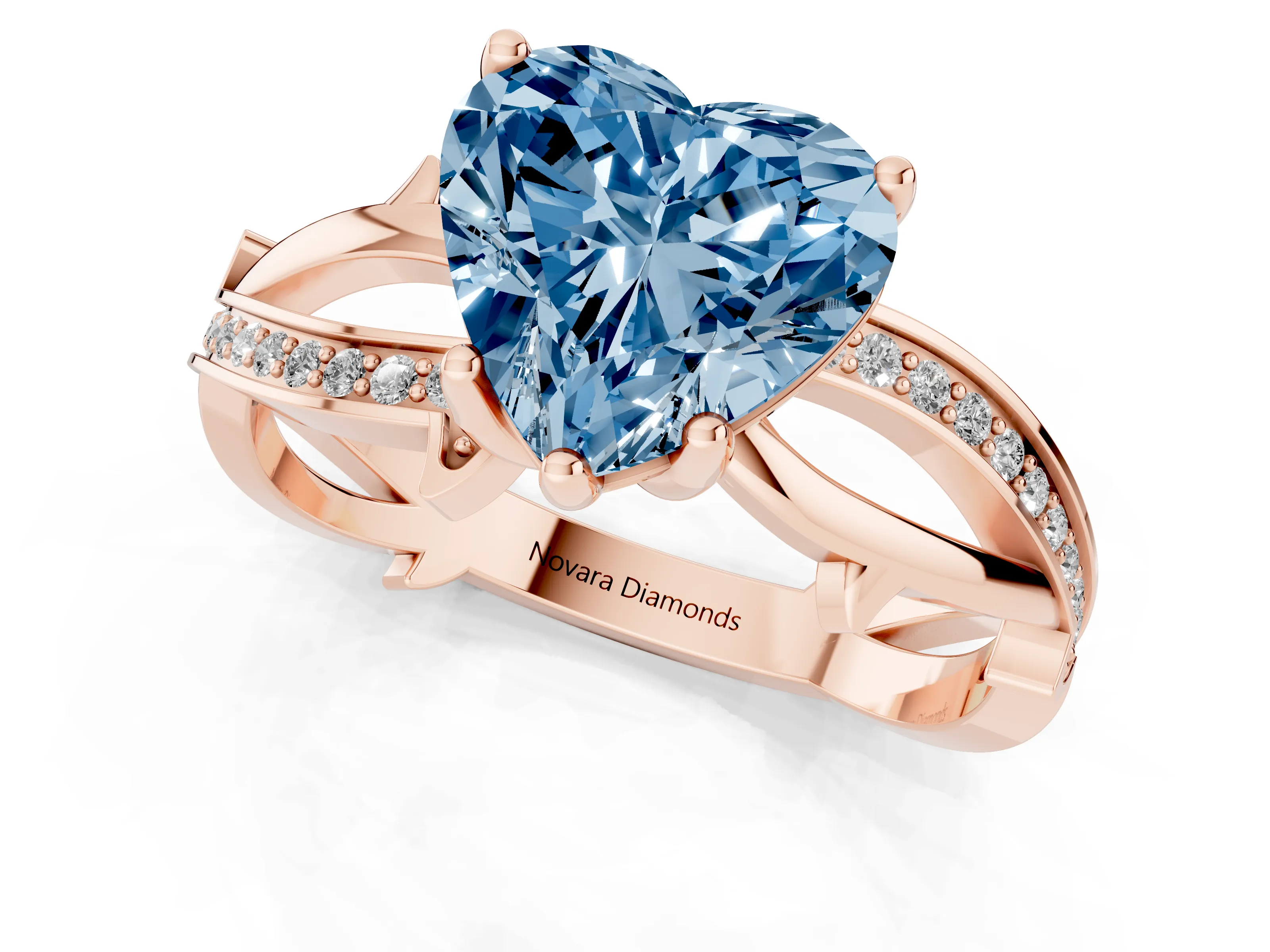 Fancy Blue Heart Cut Diamond Pavé Twist Band Solitaire Ring Set in Rose gold with Prong Setting