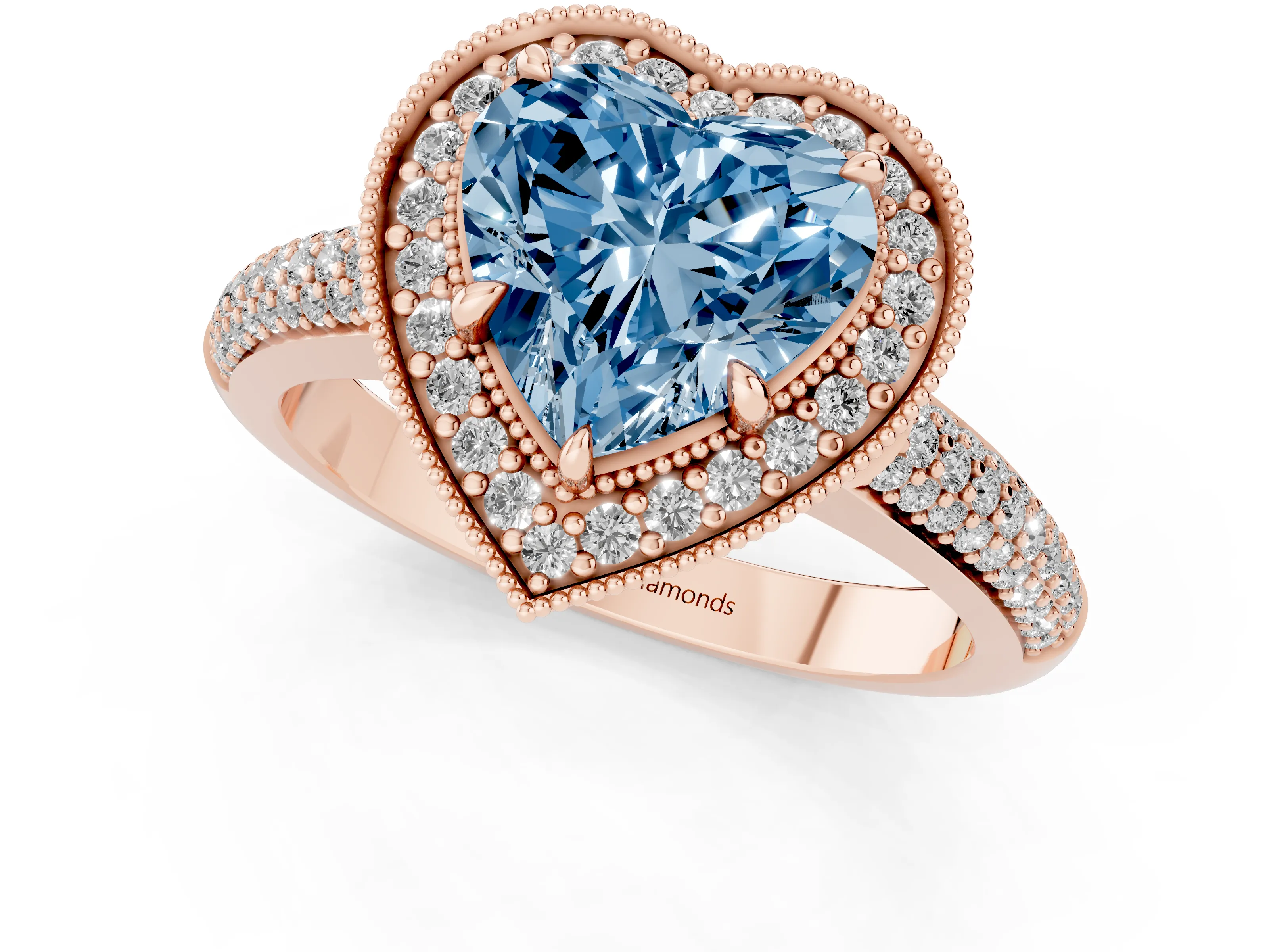 Fancy Blue Heart Cut Diamond Halo Pavé Band Set in Rose gold with Prong Setting