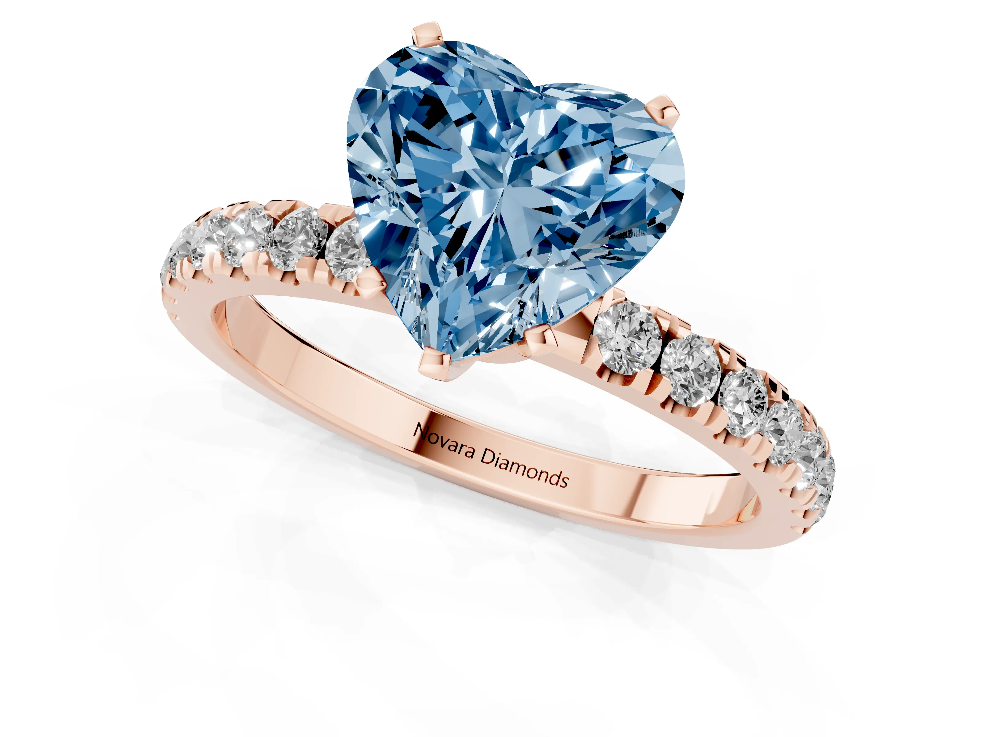 Fancy Blue Heart Cut Diamond Solitaire Ring Set in Rose gold with Pavé Accents and Prong Setting