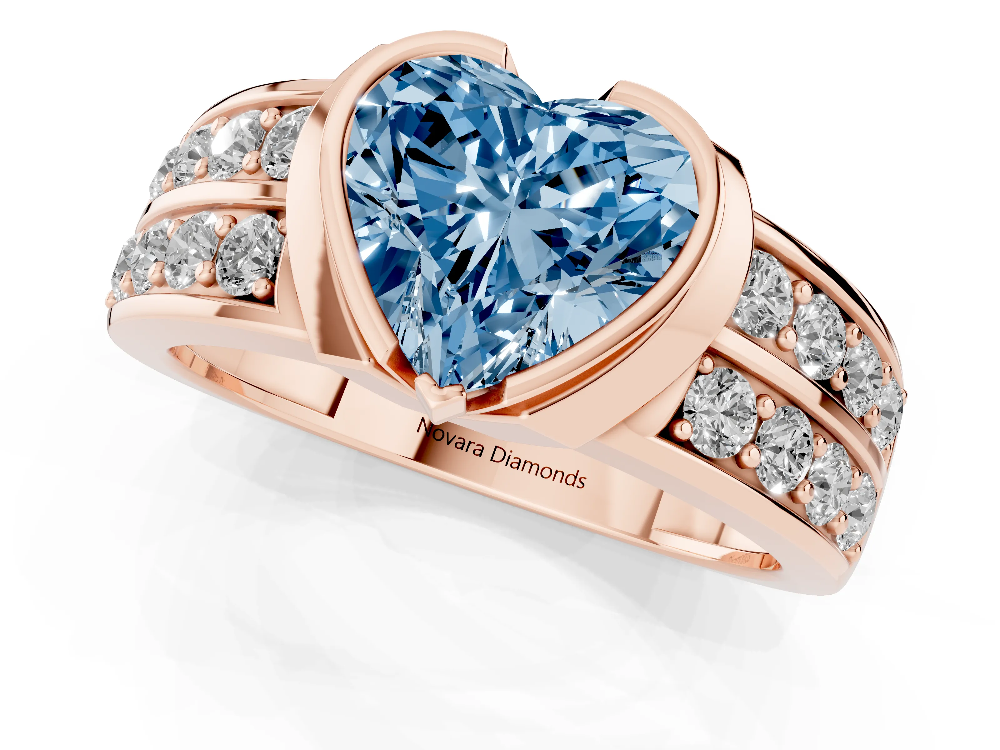 Fancy Blue Heart Cut Diamond Wide Channel Set Band Ring Set in Rose gold with Bezel Setting