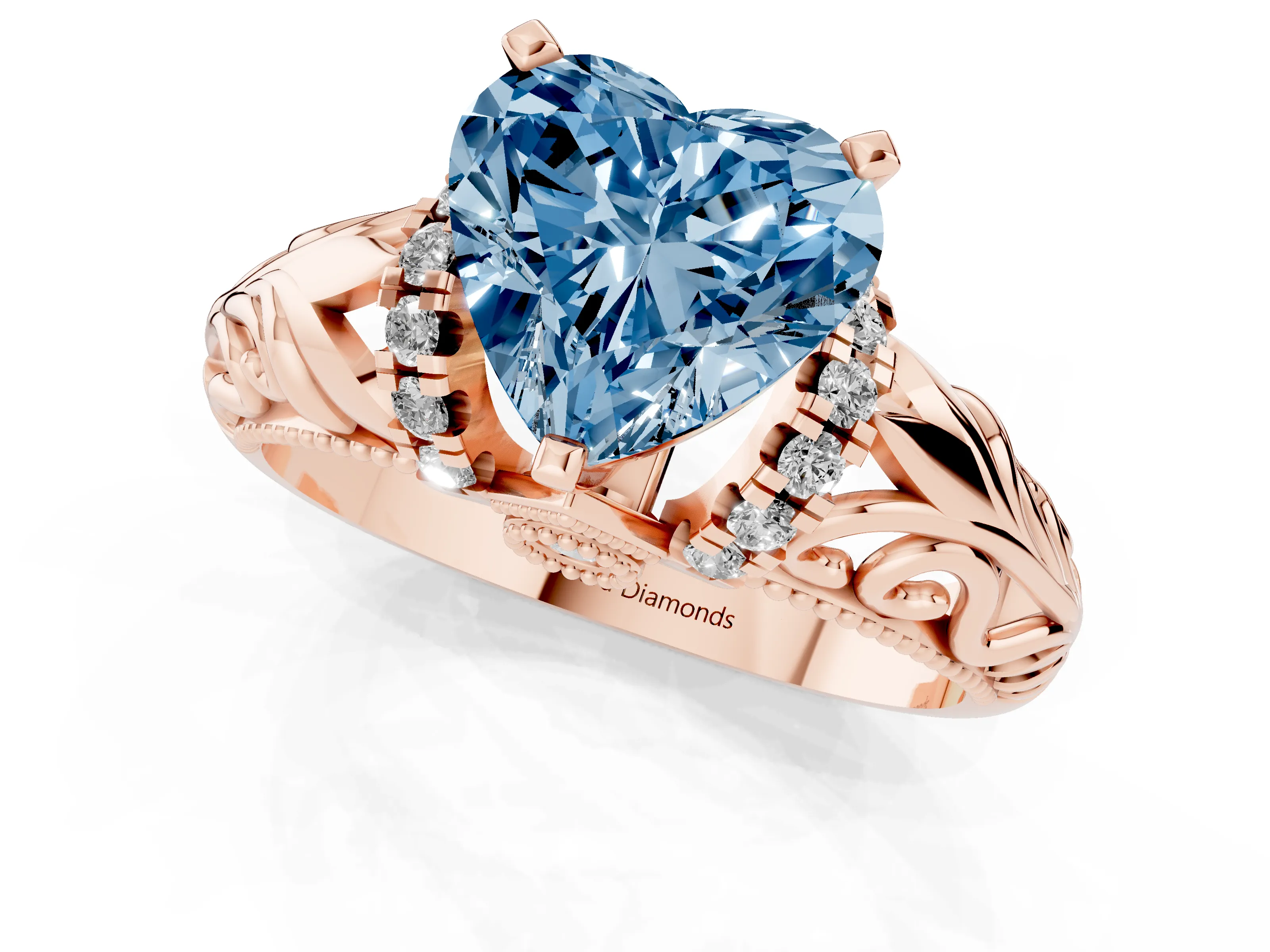Fancy Blue Heart Cut Diamond Filigree Halo Engagement Ring Set in Rose gold with Prong Setting
