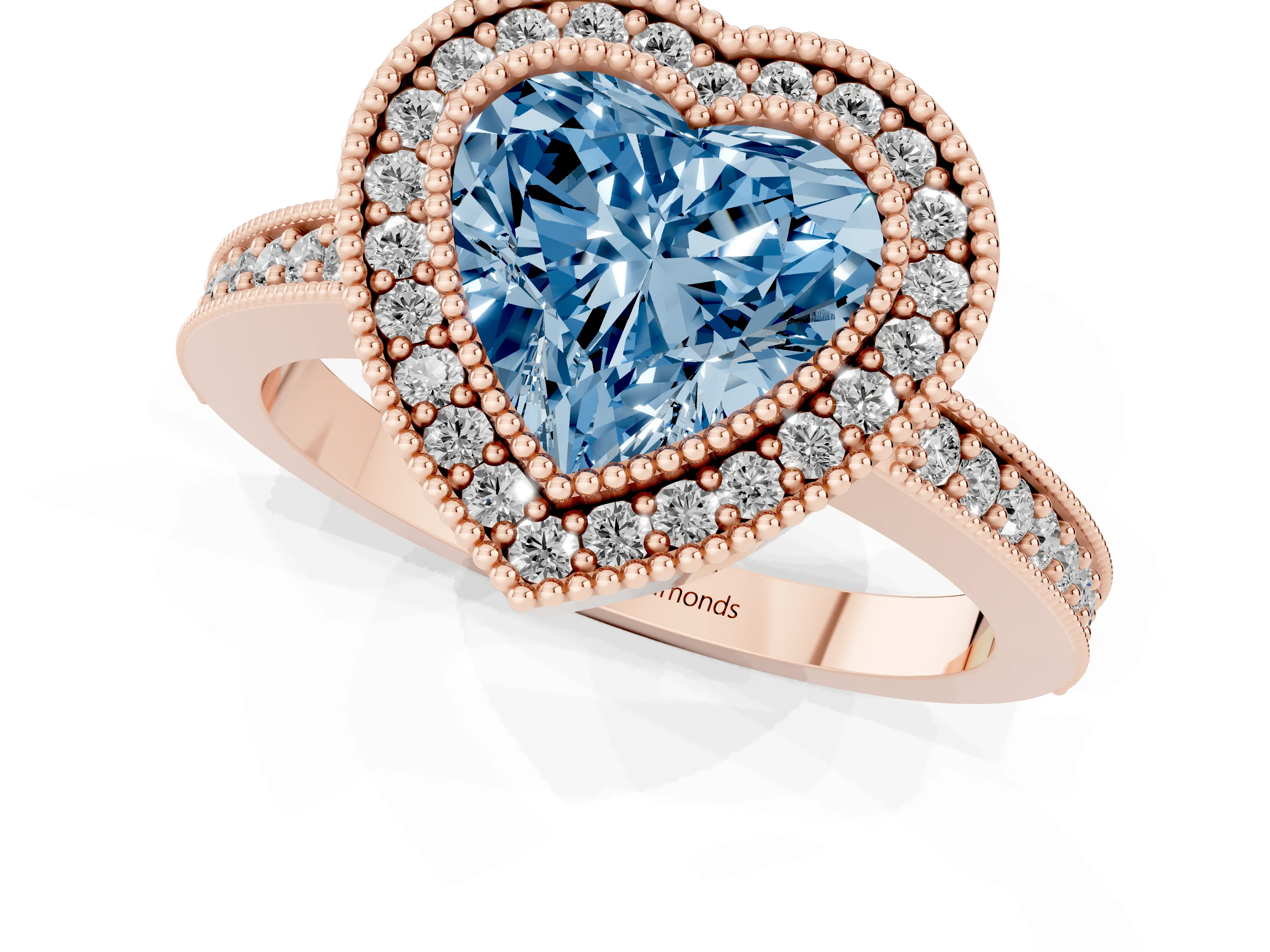 Fancy Blue Heart Cut Diamond Halo Engagement Ring Set in Rose gold with Pavé Band and Round Halo Stones