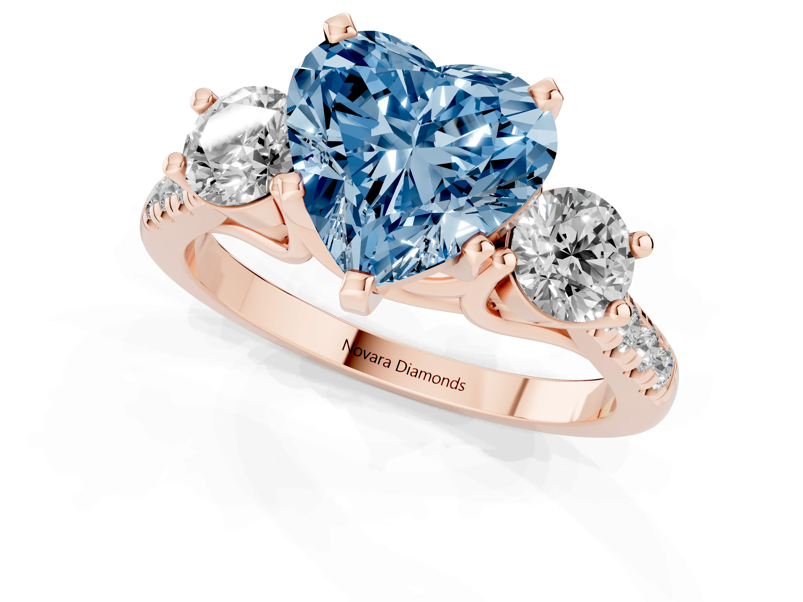 Fancy Blue Three-Stone Heart Cut Diamond Pavé Band Ring Set in Rose gold with Prong-Set Trio