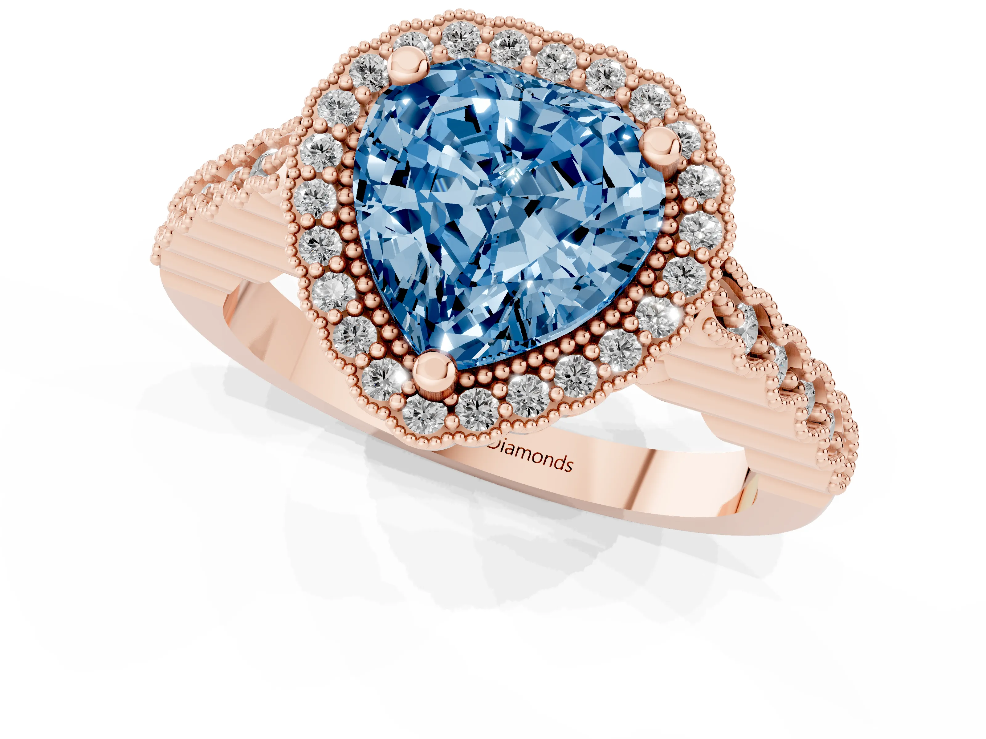 Fancy Blue Heart Cut Diamond Halo Ring Set in Rose gold with Pavé Milgrain Band