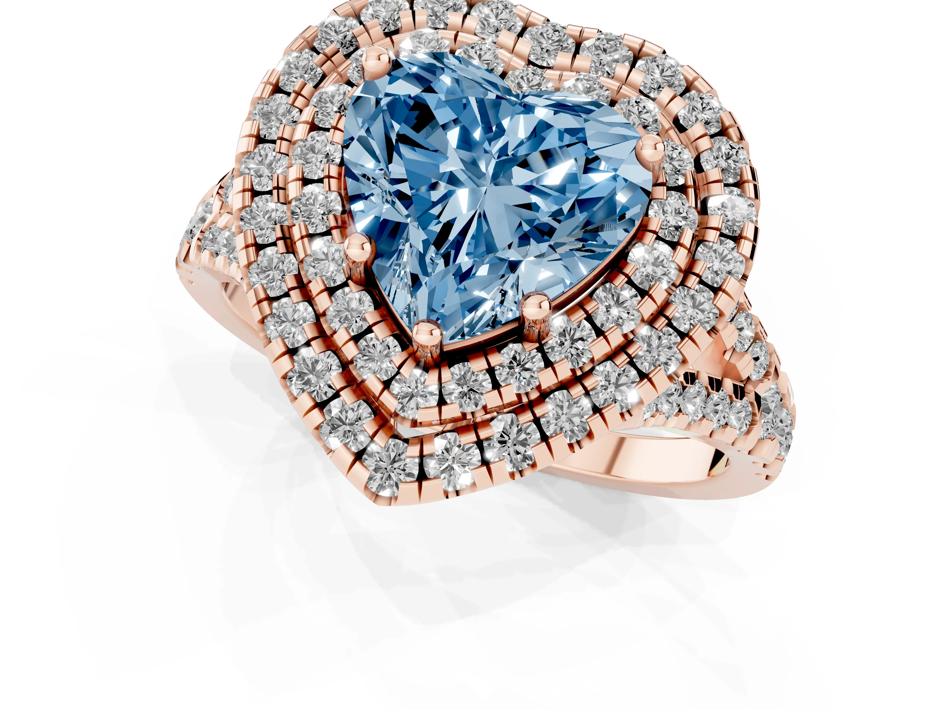 Fancy Blue Heart Cut Diamond Double Halo Ring Set in Rose gold with Pavé Split Shank and Prong Setting