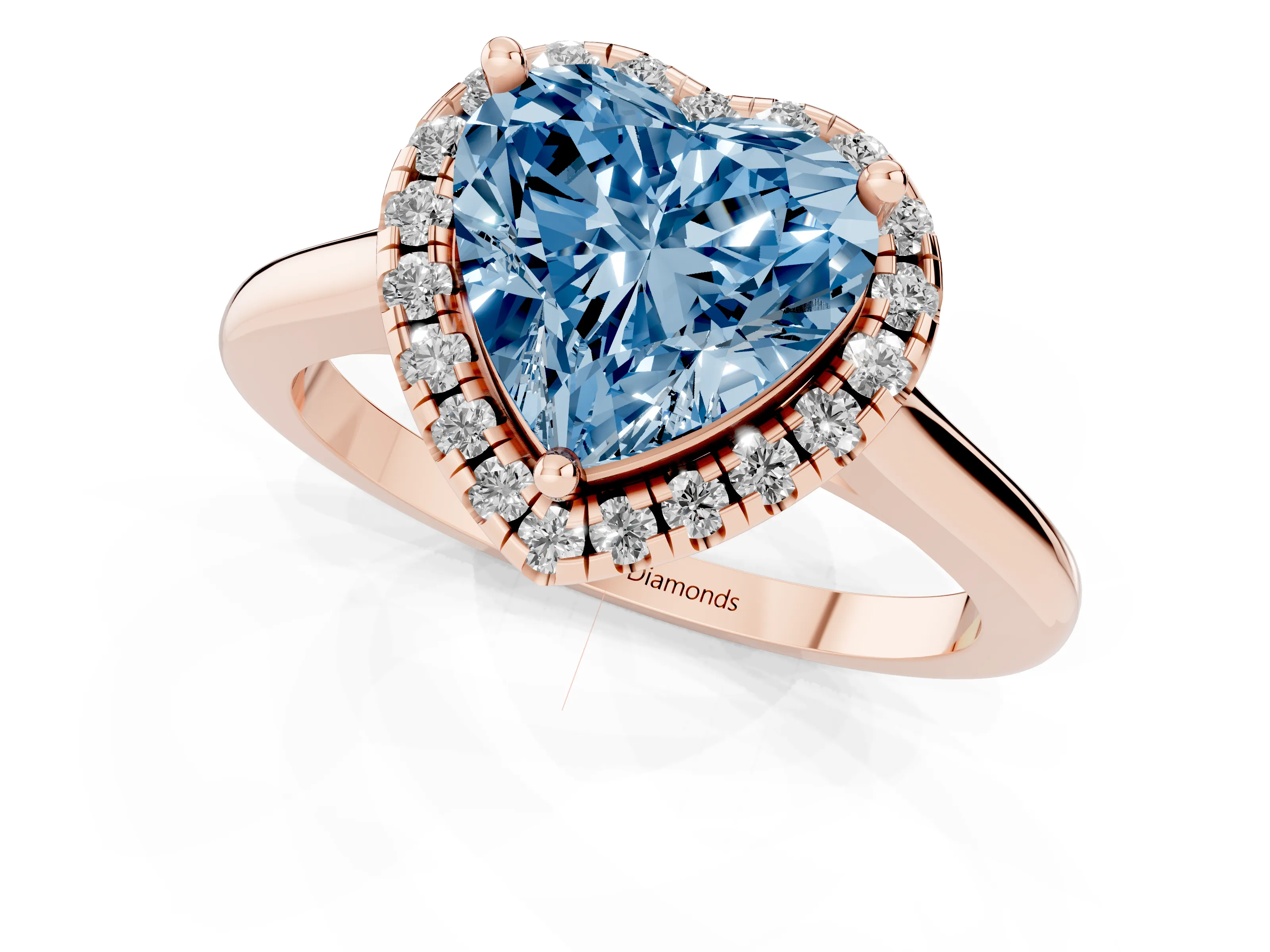 Fancy Blue Heart Cut Diamond Halo Engagement Ring Set in Rose gold with Pavé Band and Rising Shoulders