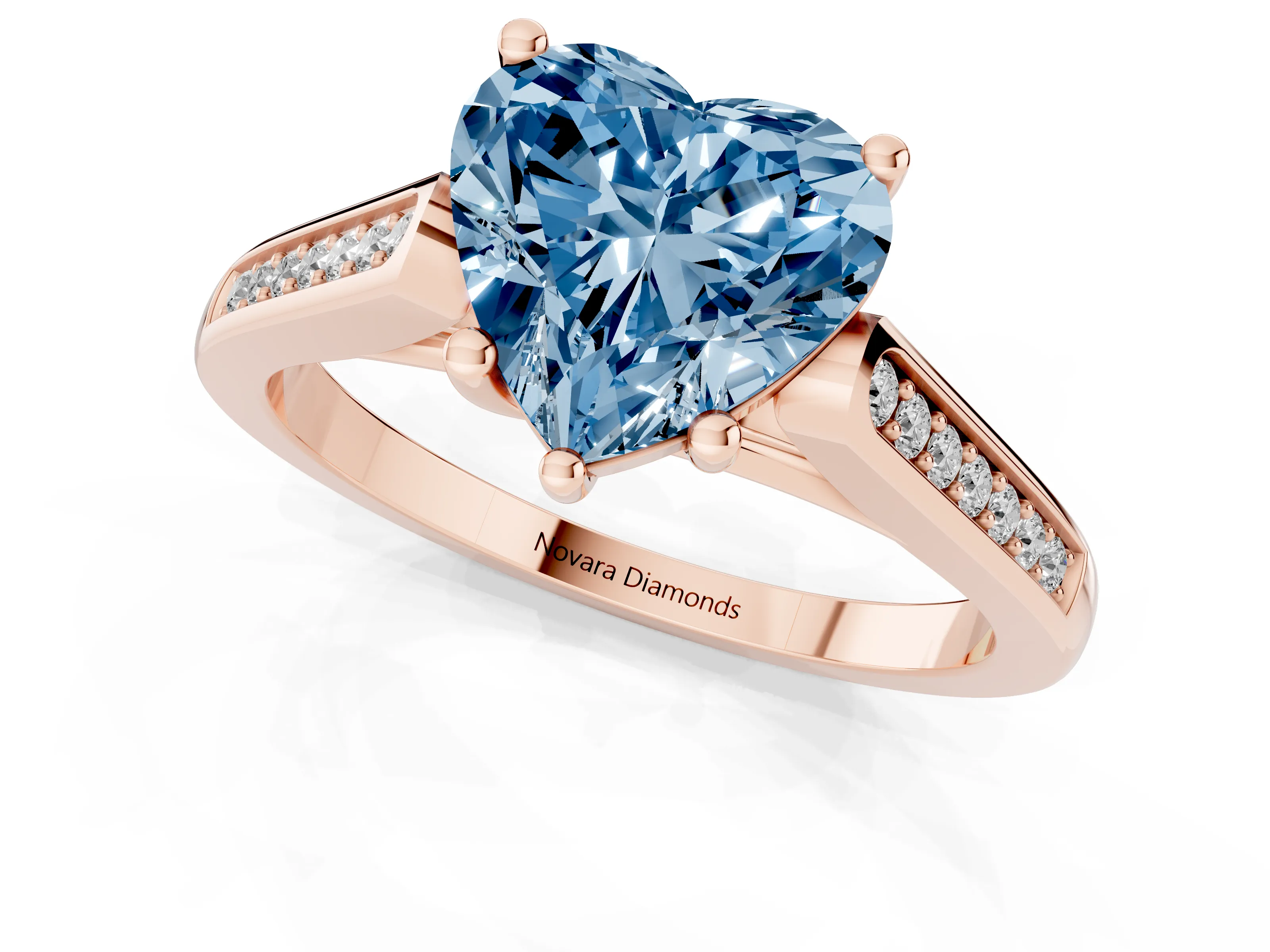 Fancy Blue Heart Cut Diamond Solitaire Cathedral Engagement Ring Set in Rose gold with Channel-Set Band and Prong Setting
