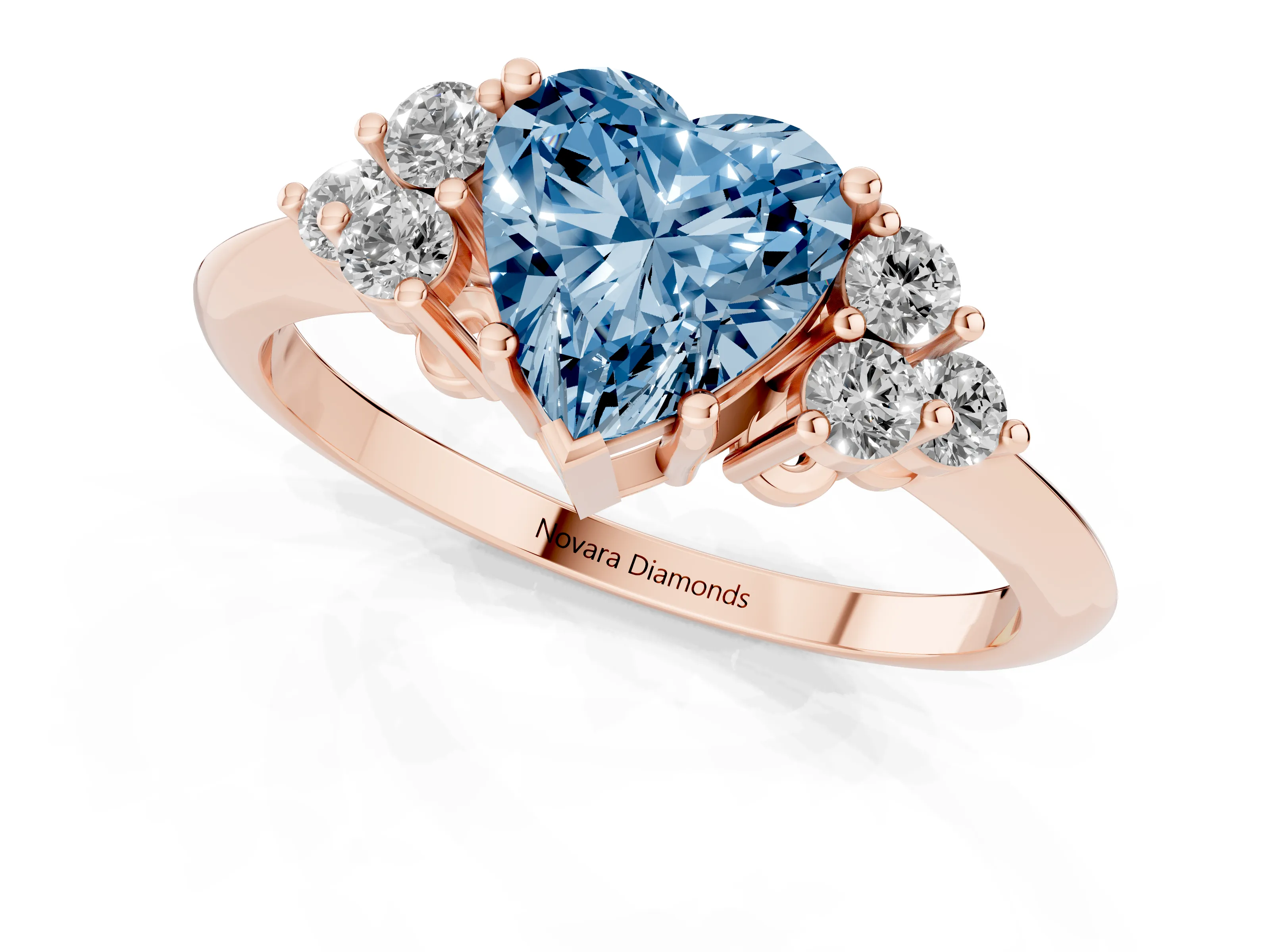Fancy Blue Heart Cut Diamond Cluster Ring Set in Rose gold with Plain Band and Prong Setting