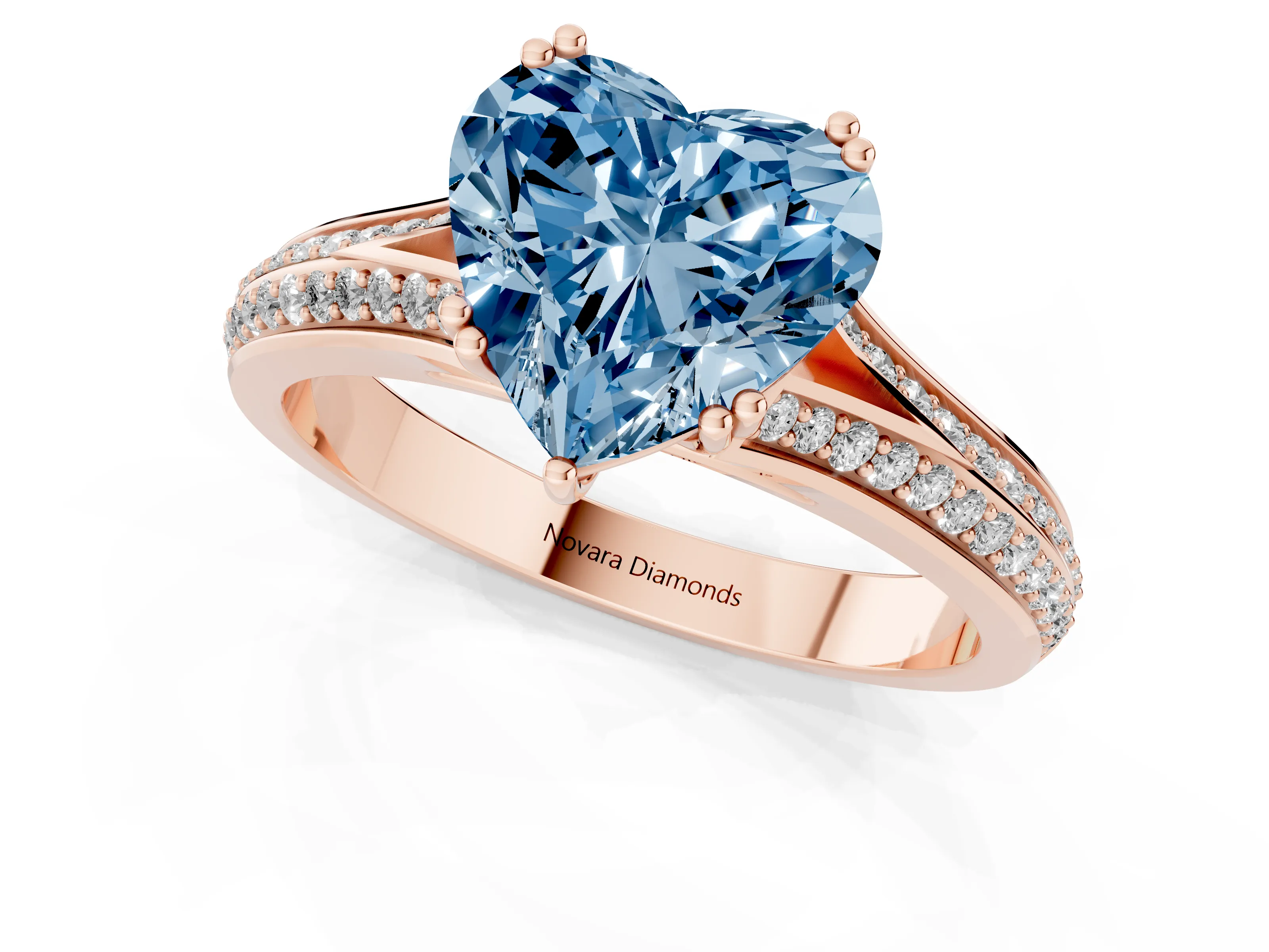Fancy Blue Heart Cut Diamond Split Shank Pavé Engagement Ring Set in Rose gold with Prong-Set Center Stone