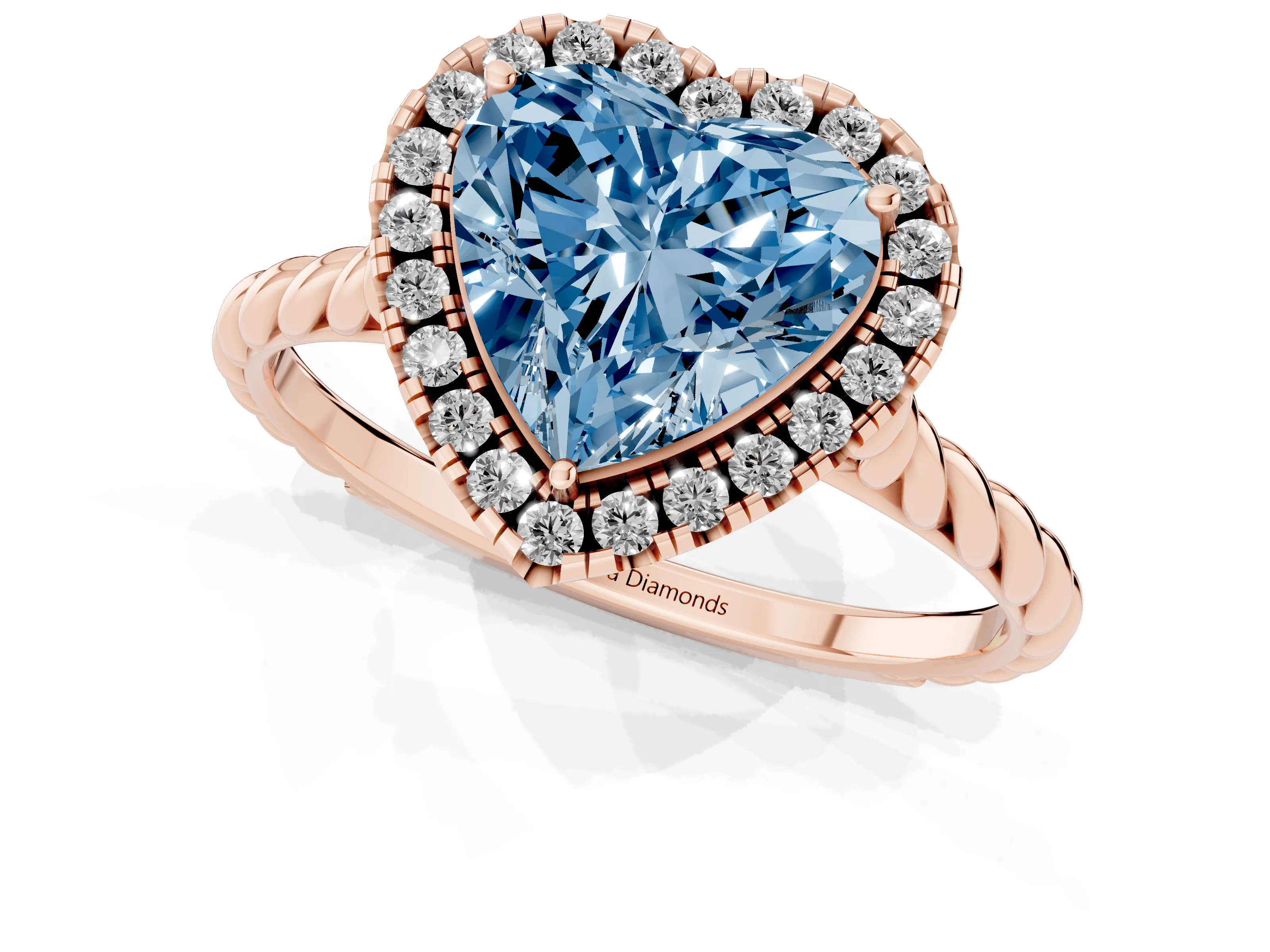 Fancy Blue Heart Cut Diamond Halo Ring Set in Rose gold with Plain Twisted Band