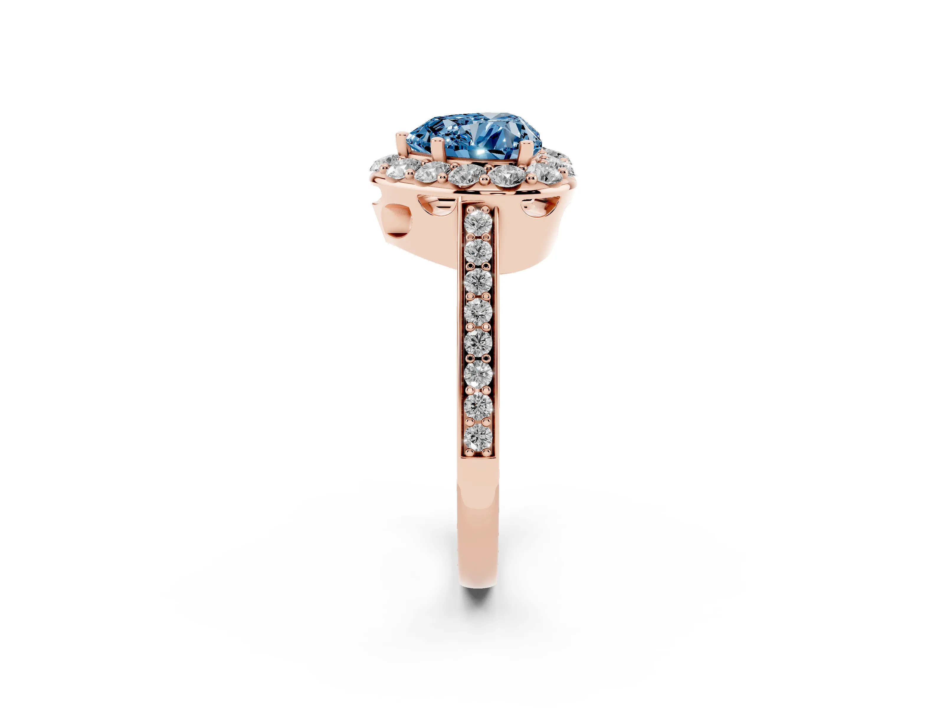 Fancy Blue Heart Cut Diamond Floral Halo Ring Set in Rose gold with Pavé Band and Prong Setting