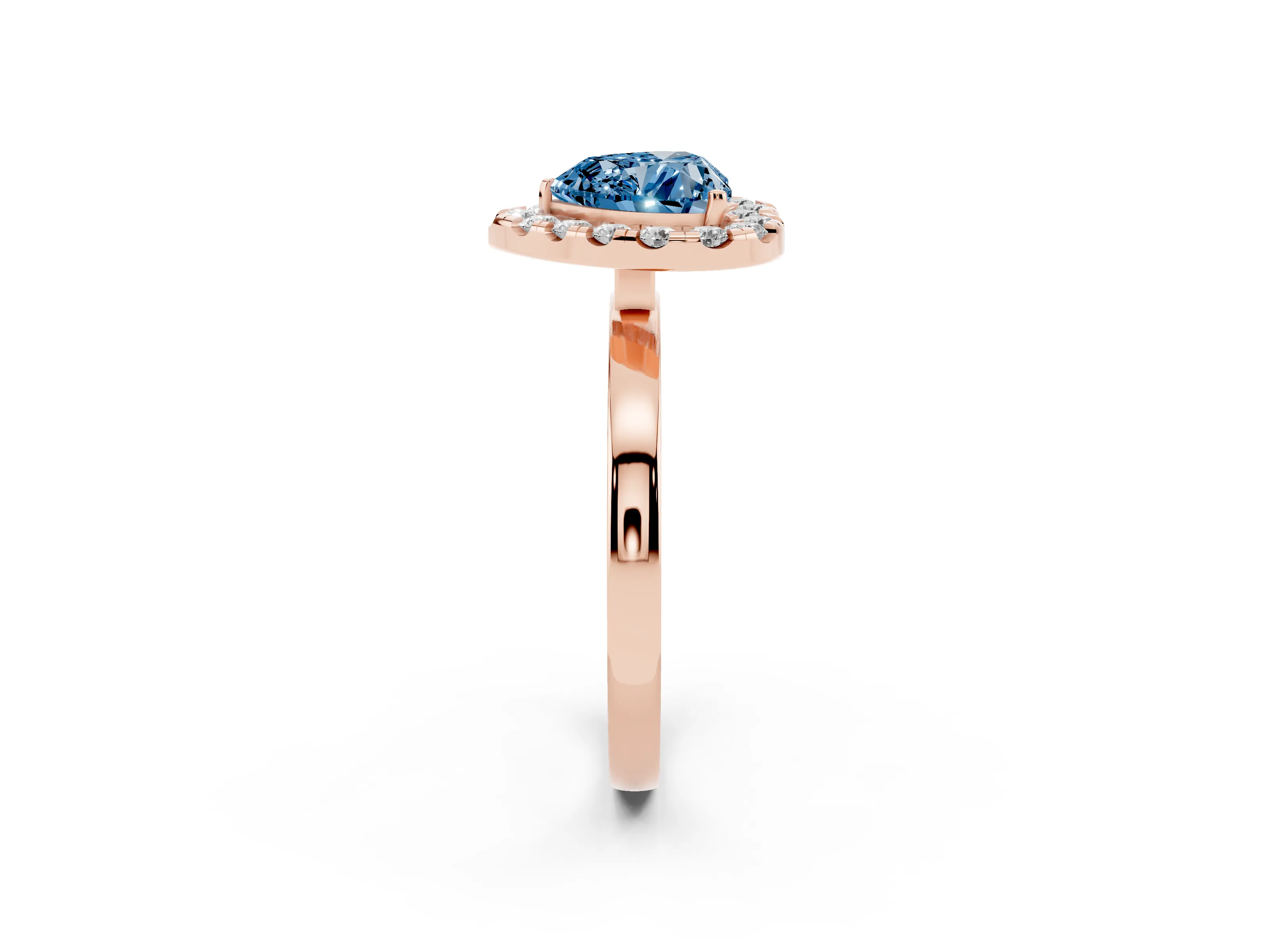 Fancy Blue Heart Cut Diamond Halo Solitaire Ring Set in Rose gold with Pavé Band and Prong Setting