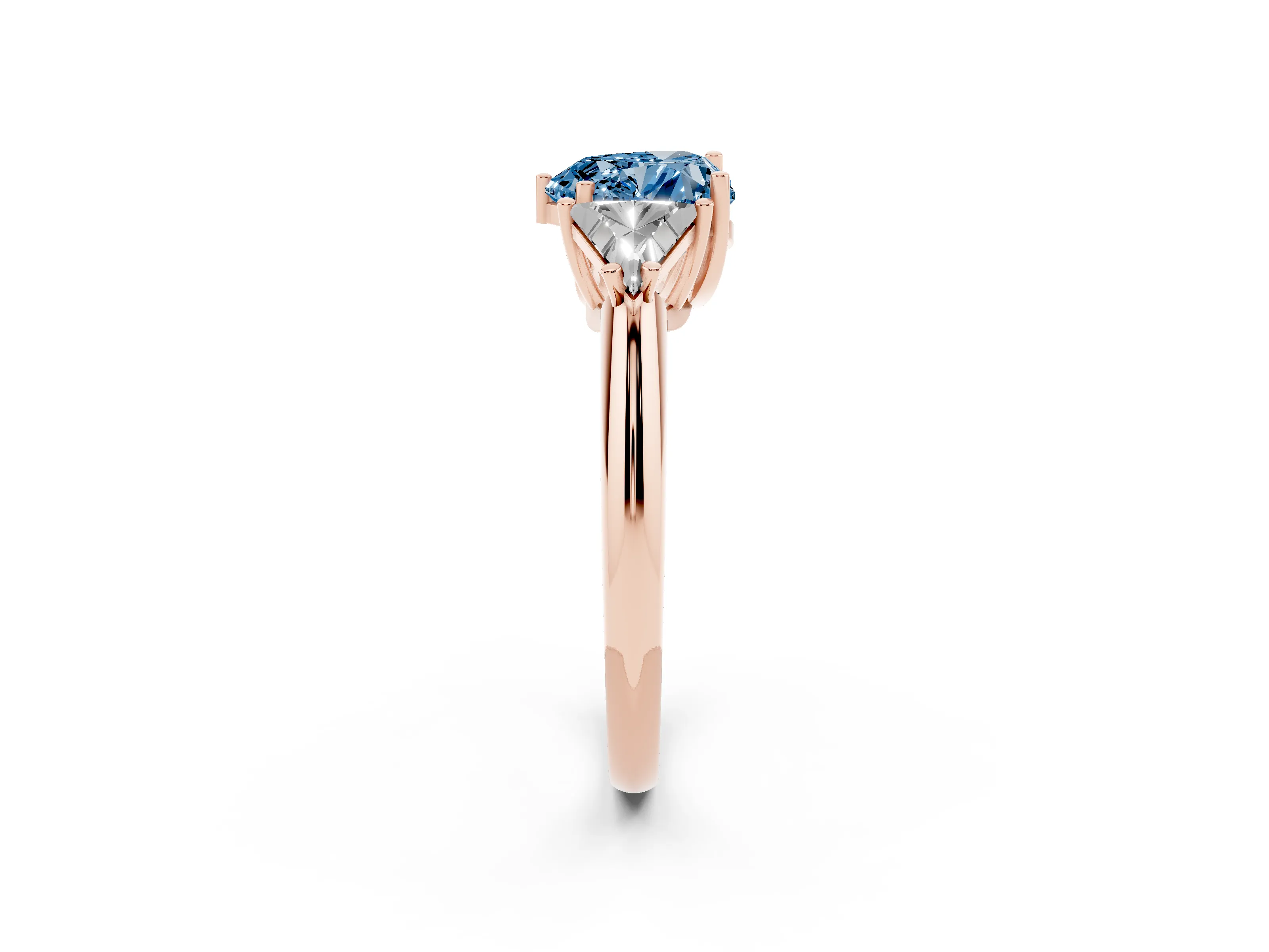 Fancy Blue Heart Cut Diamond Three-Stone Engagement Ring Set in Rose gold with Trillion Side Stones
