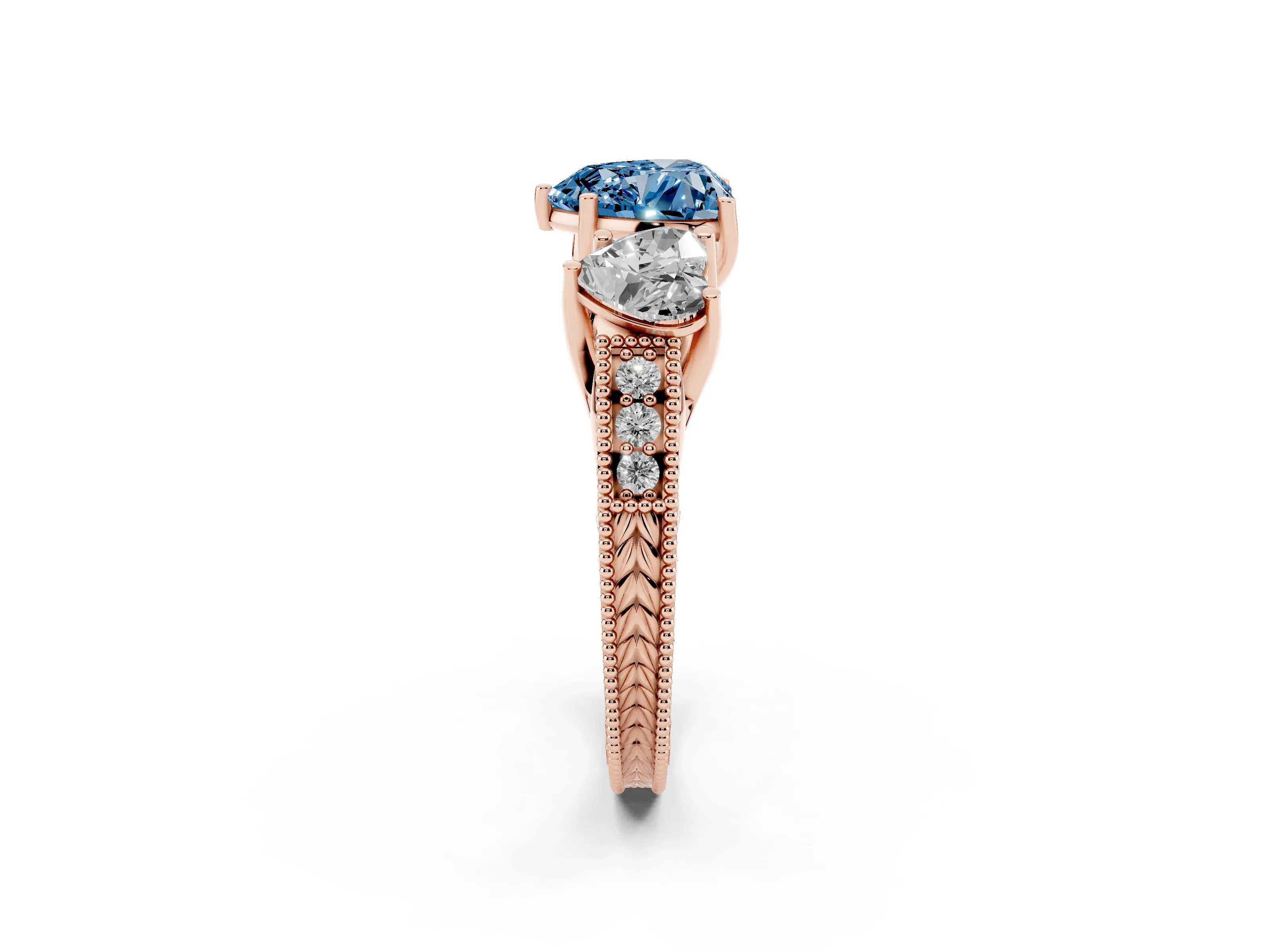 Fancy Blue Heart Cut Diamond Three-Stone Engagement Ring Set in Rose gold with Milgrain Pavé Band