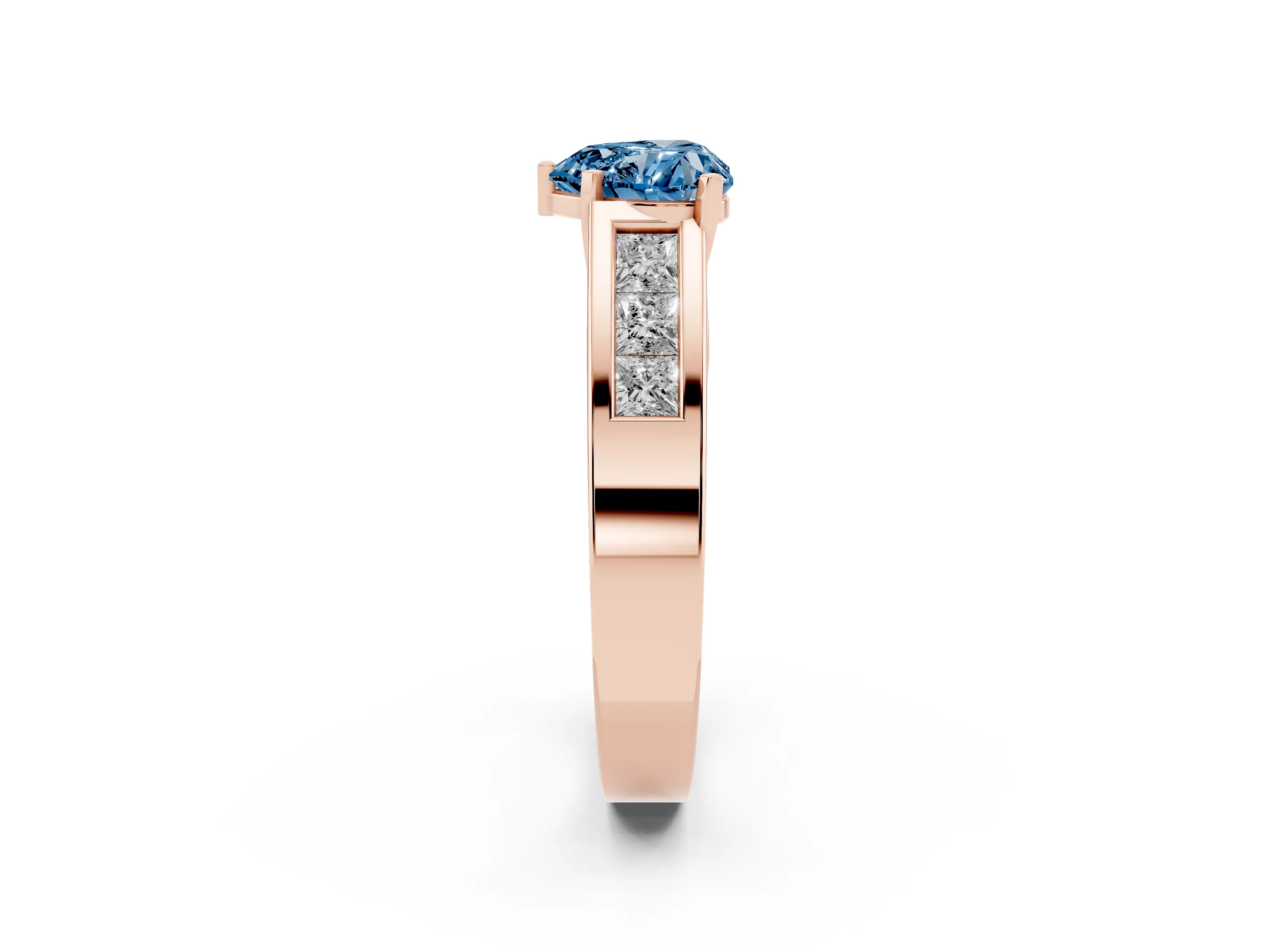 Fancy Blue Heart Cut Diamond Solitaire Ring Set in Rose gold with Channel-Set Accent Stones and Prong Setting