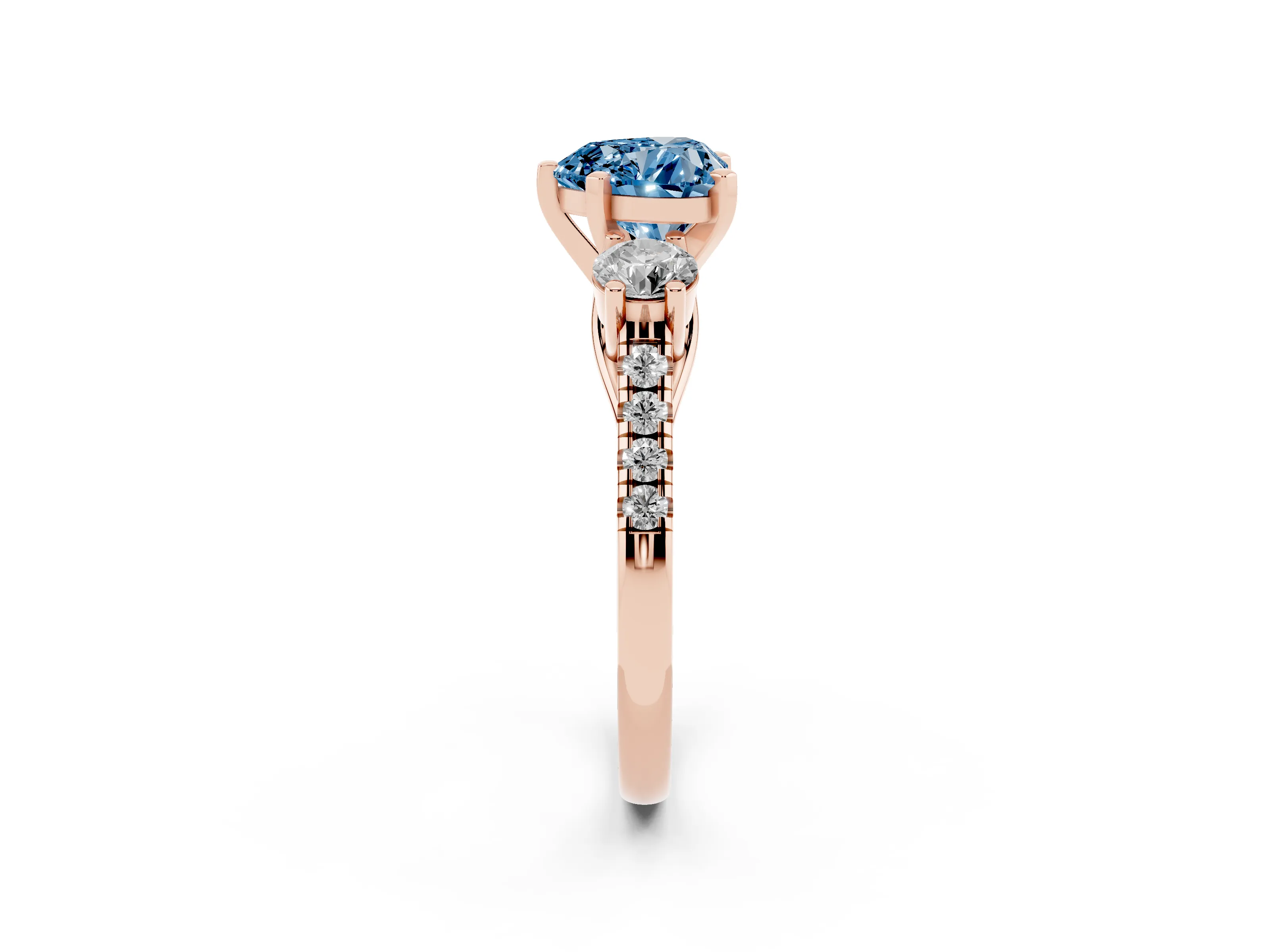 Fancy Blue Three-Stone Heart Cut Diamond Pavé Band Ring Set in Rose gold with Prong-Set Trio