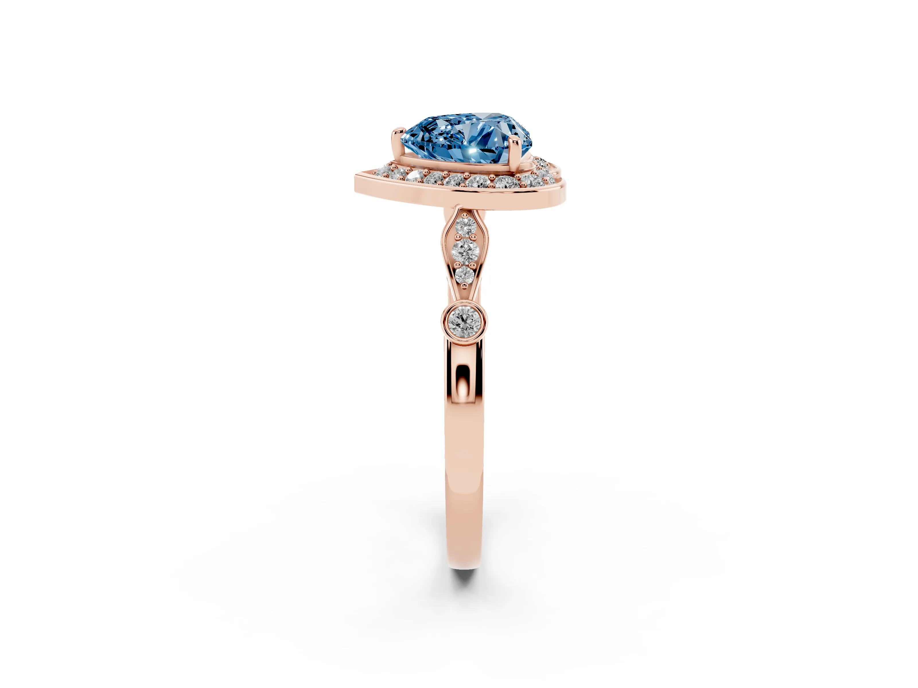 Fancy Blue Heart Cut Diamond Halo Engagement Ring Set in Rose gold with Twisted Band and Prong Setting