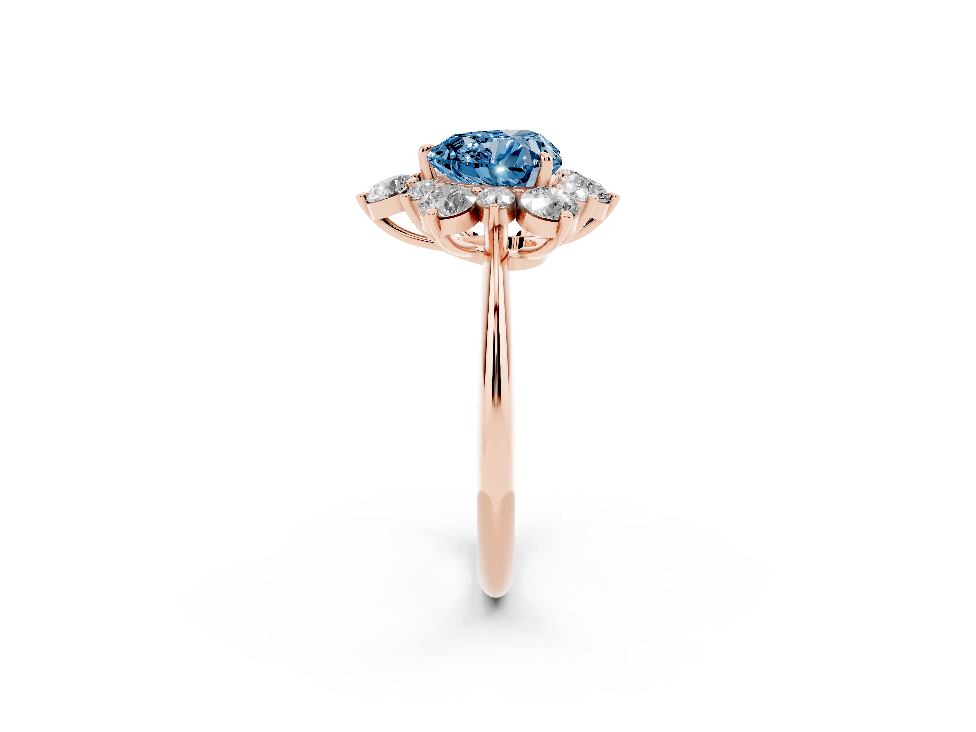 Fancy Blue Heart Cut Diamond Cluster Halo Ring Set in Rose gold with Solitaire Band and Prong Setting
