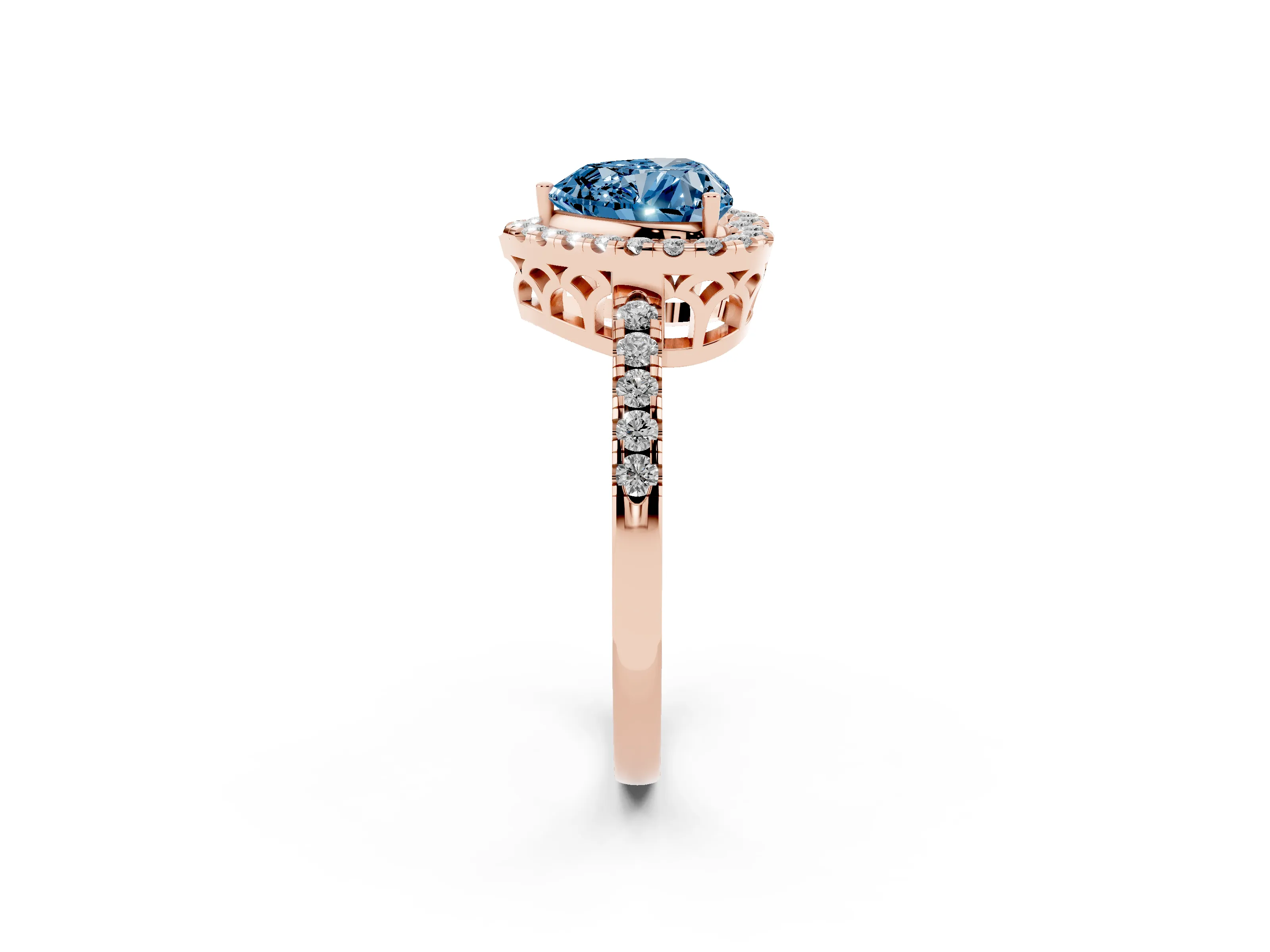 Fancy Blue Heart Cut Diamond Pavé Band Halo Engagement Ring Set in Rose gold with Prong Setting