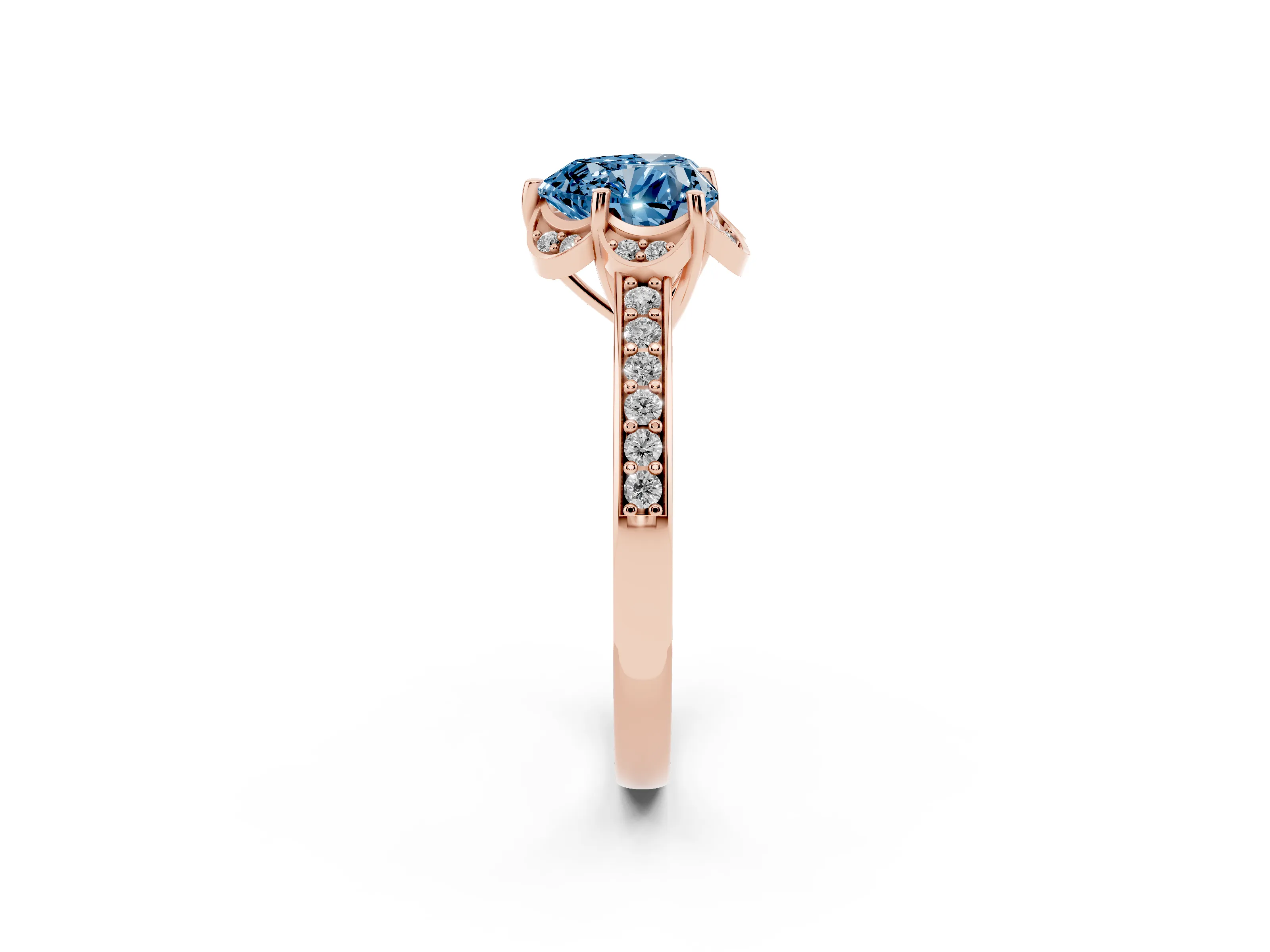 Fancy Blue Heart Cut Diamond Halo Ring Set in Rose gold with Channel Set Band and Prong Setting