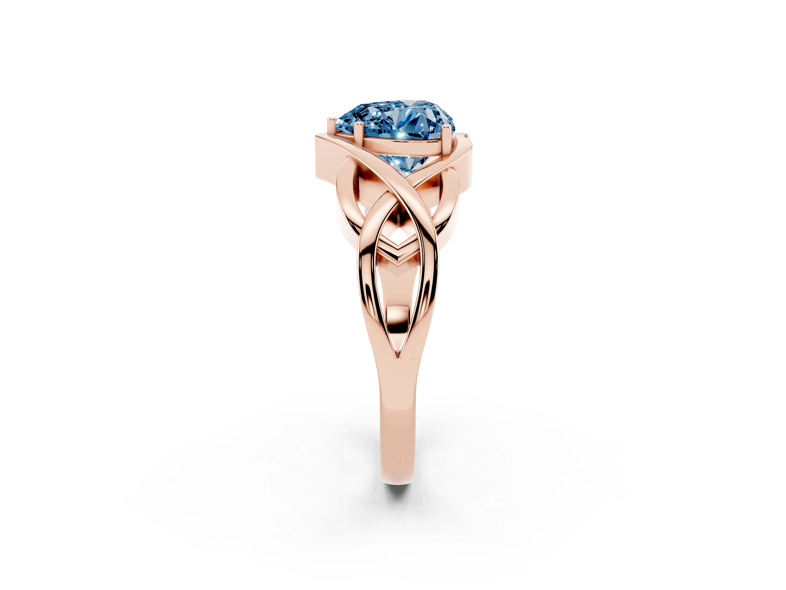 Fancy Blue Heart Cut Diamond Solitaire Ring Set in Rose gold with Intertwined Band