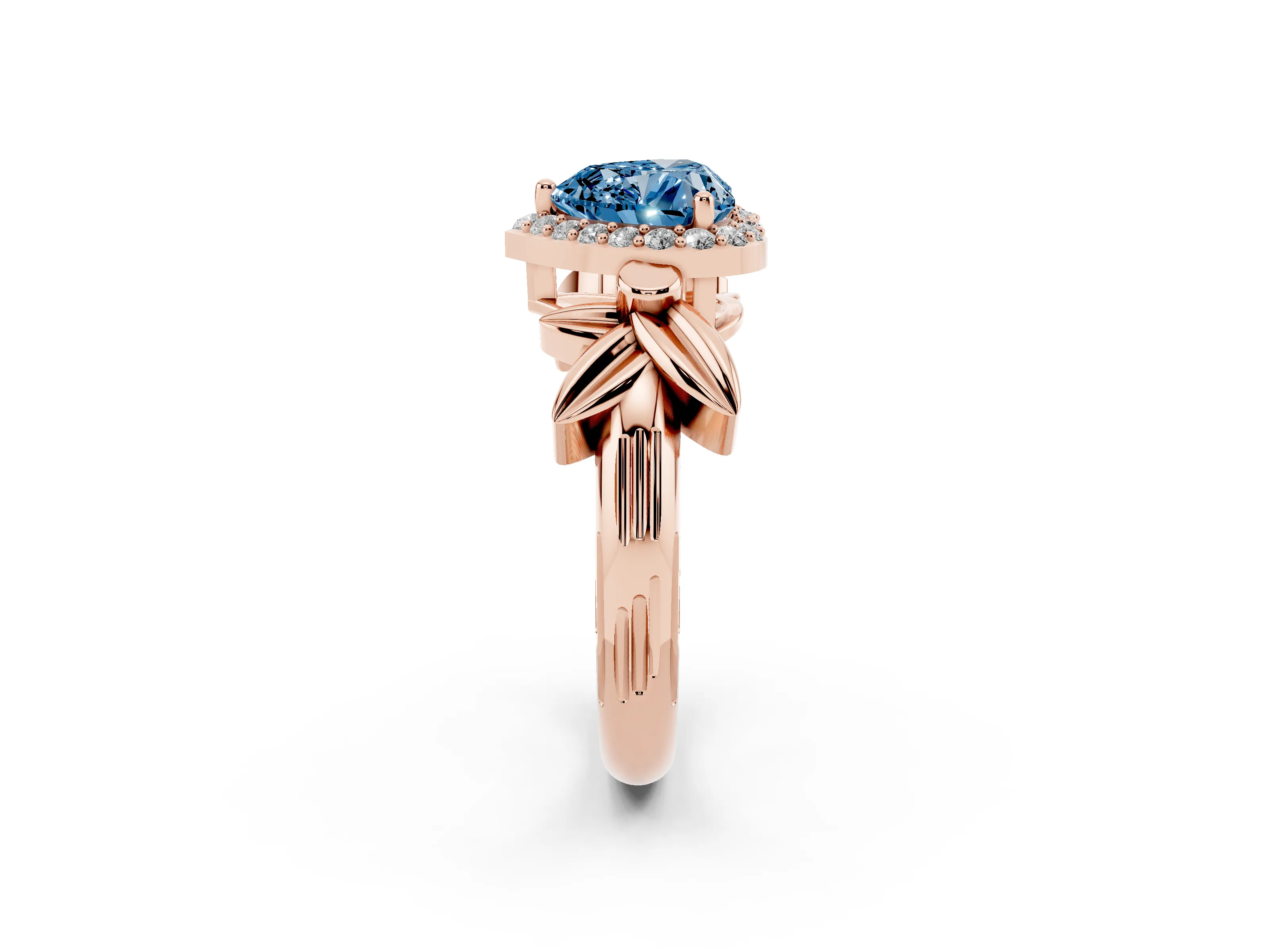 Fancy Blue Heart Cut Diamond Halo Floral Band Ring Set in Rose gold with Prong Setting