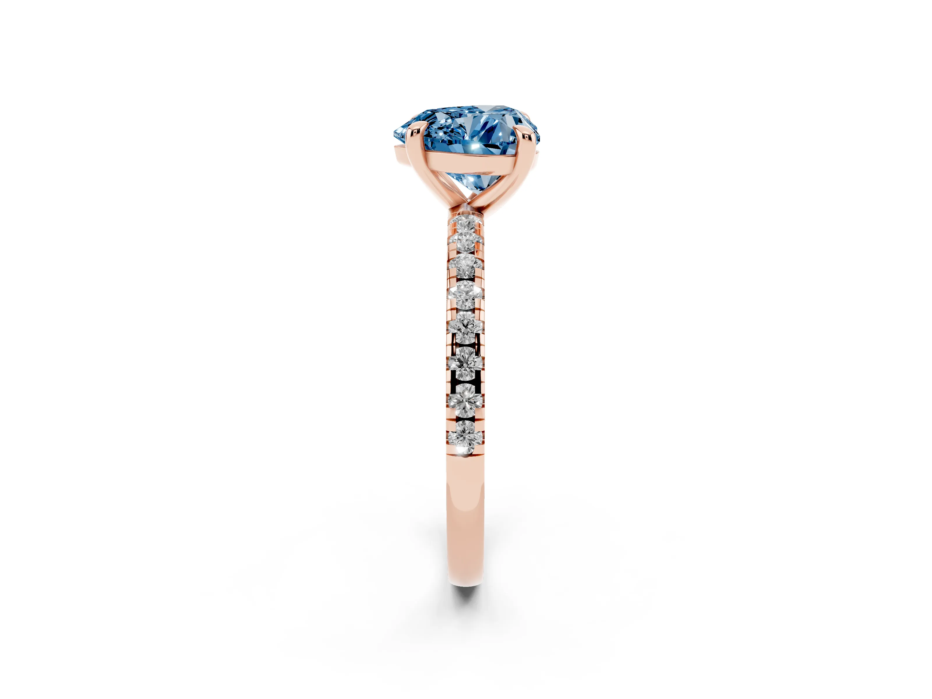 Fancy Blue Heart Cut Diamond Brilliant Solitaire Ring Set in Rose gold with Pavé Band and Prong Setting