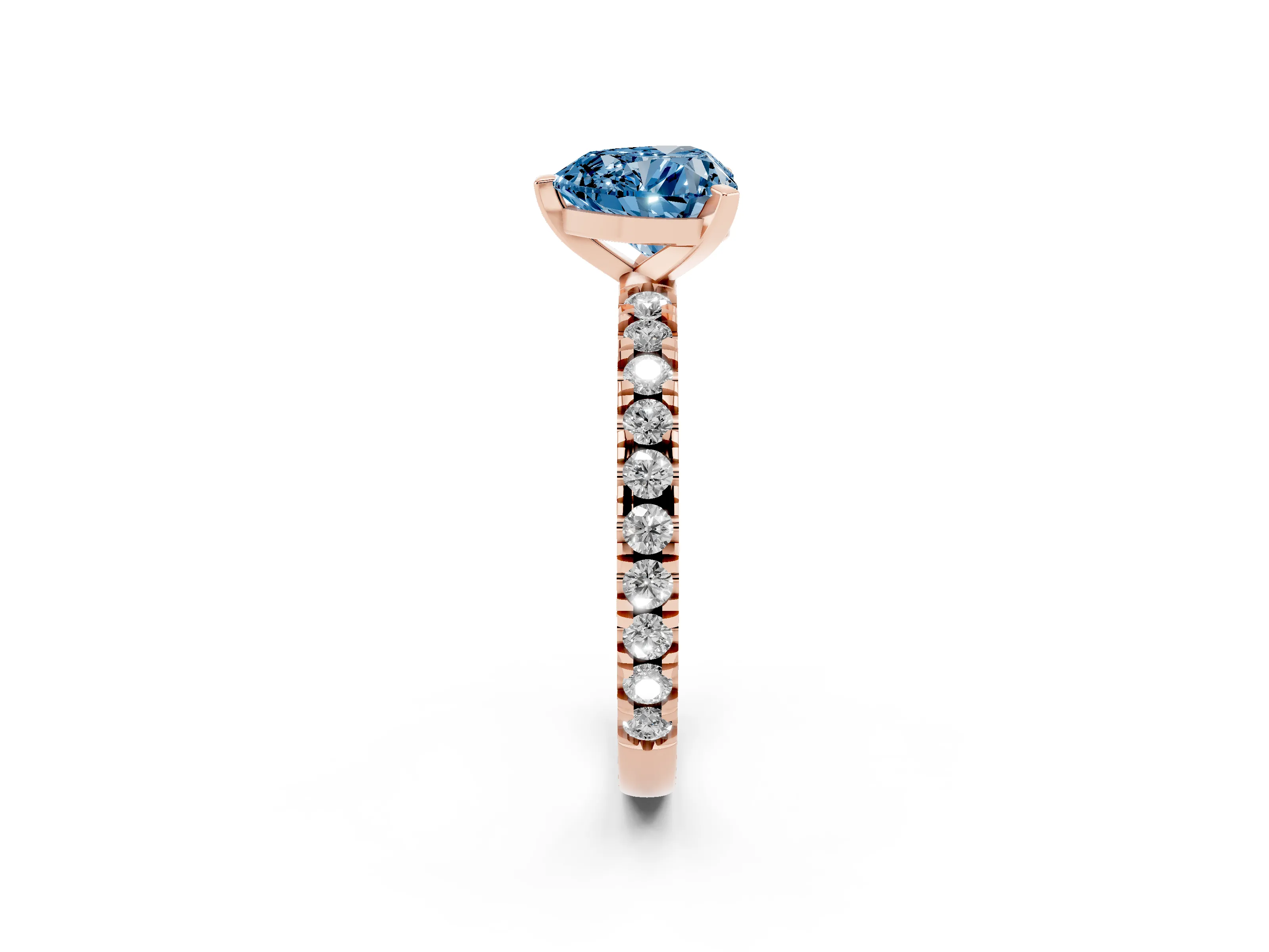 Fancy Blue Heart Cut Diamond Pavé Band Solitaire Set in Rose gold with Prong Setting