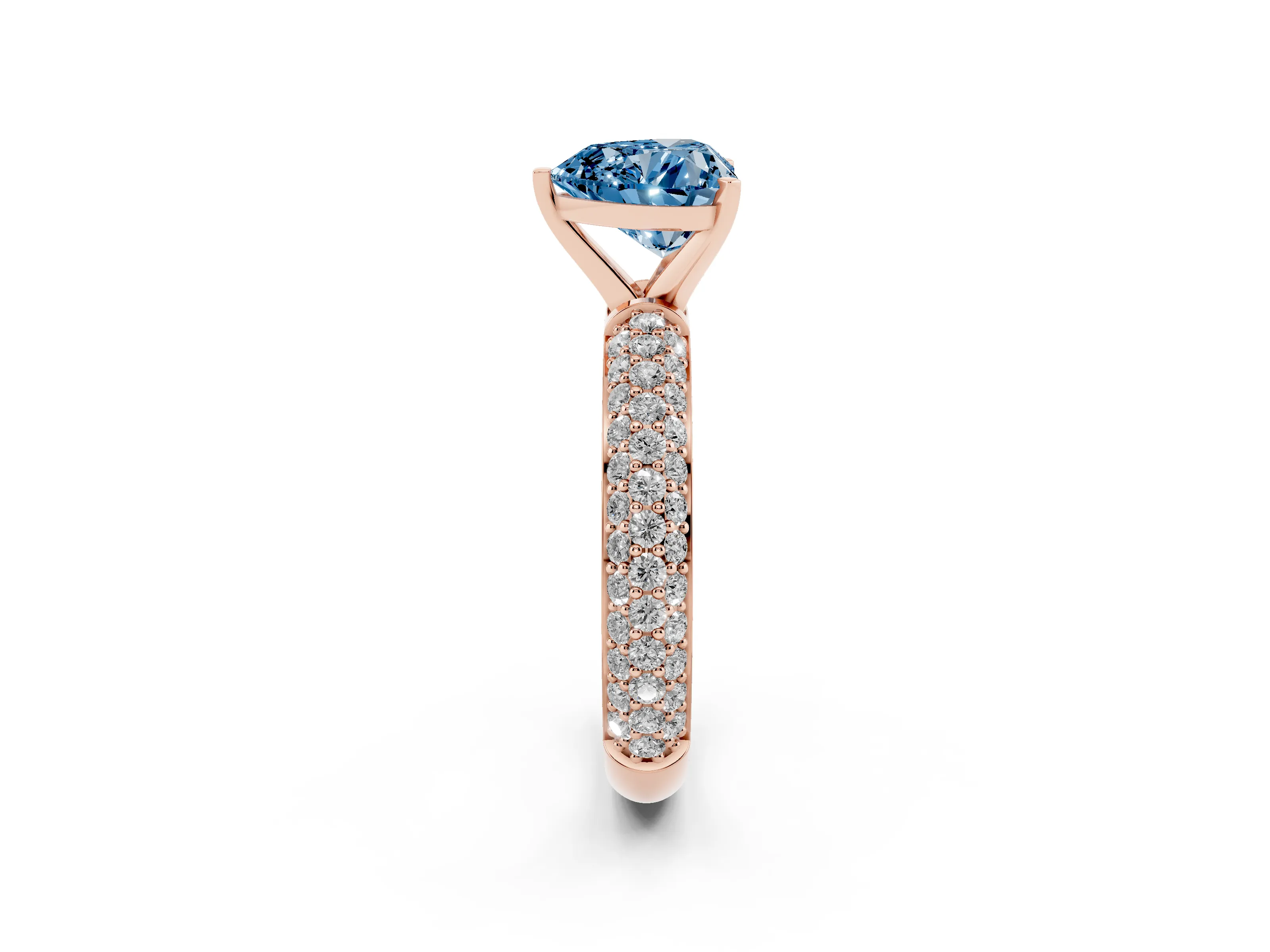 Fancy Blue Heart Cut Diamond Solitaire Ring Set in Rose gold with Prong Setting and Pavé-Set Band