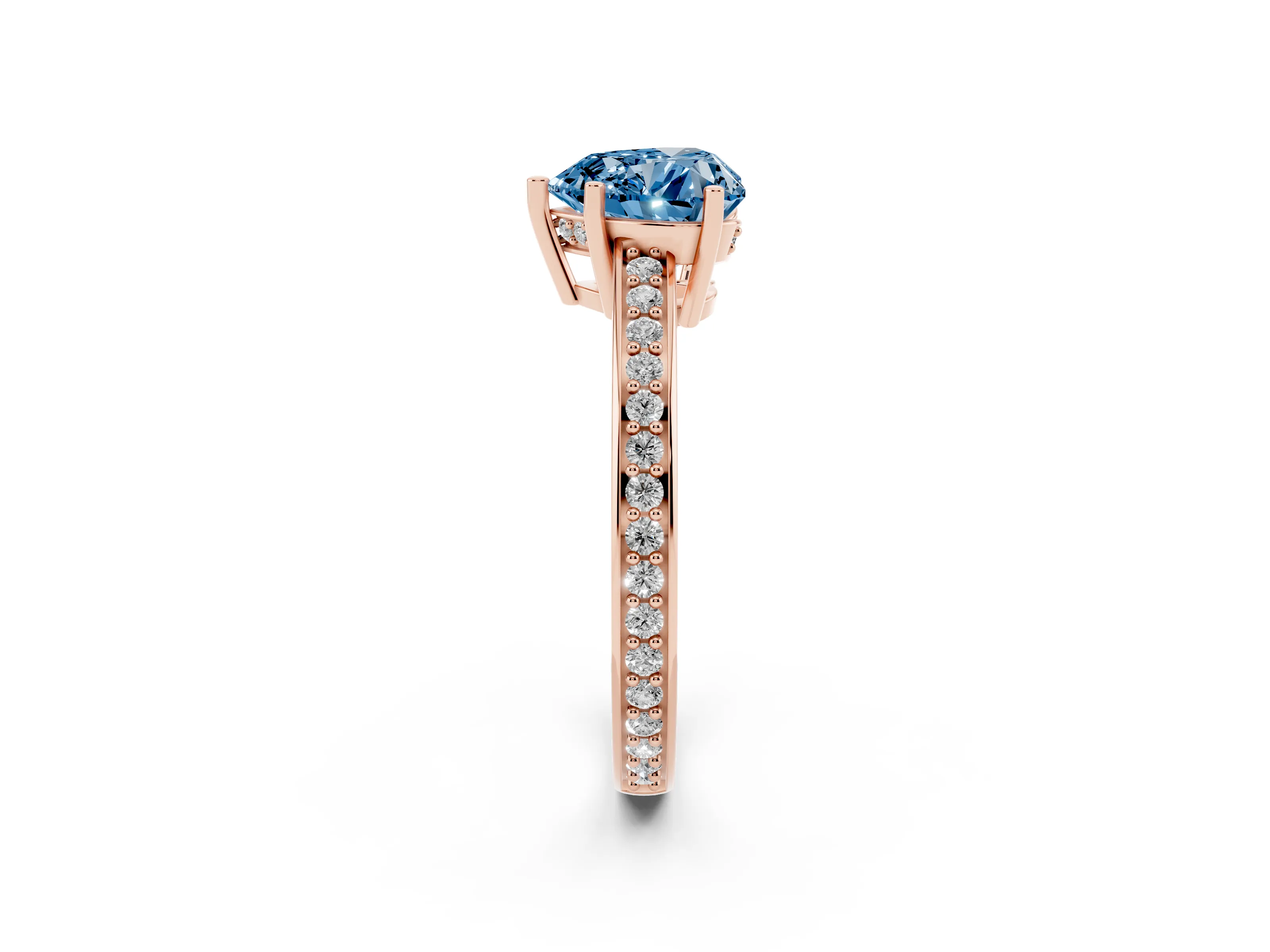 Fancy Blue Heart Cut Diamond Pavé Band Prong Set Solitaire Ring Set in Rose gold