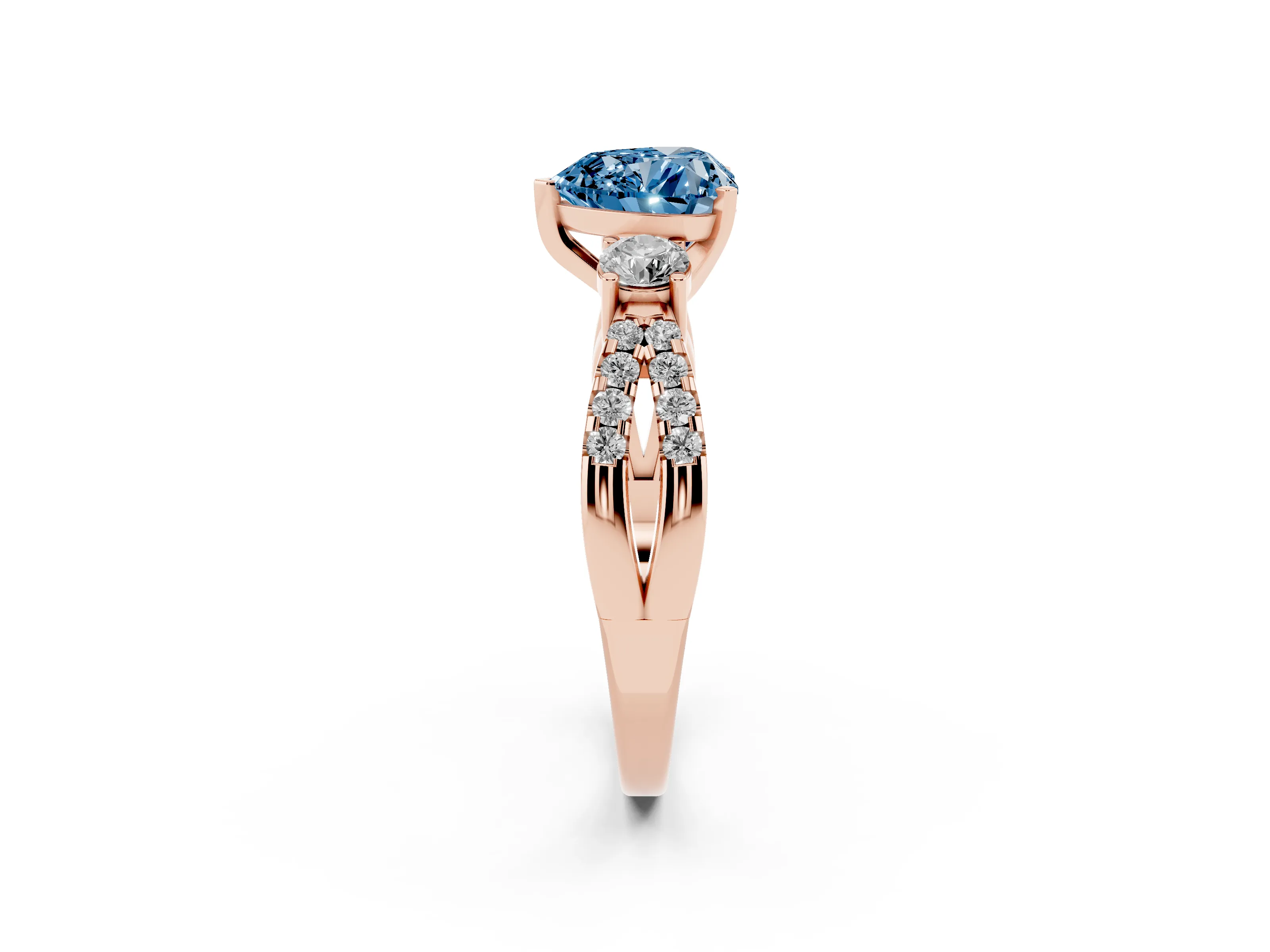 Fancy Blue Heart Cut Diamond Three-Stone Ring Set in Rose gold with Pavé Split Shank and Prong Setting
