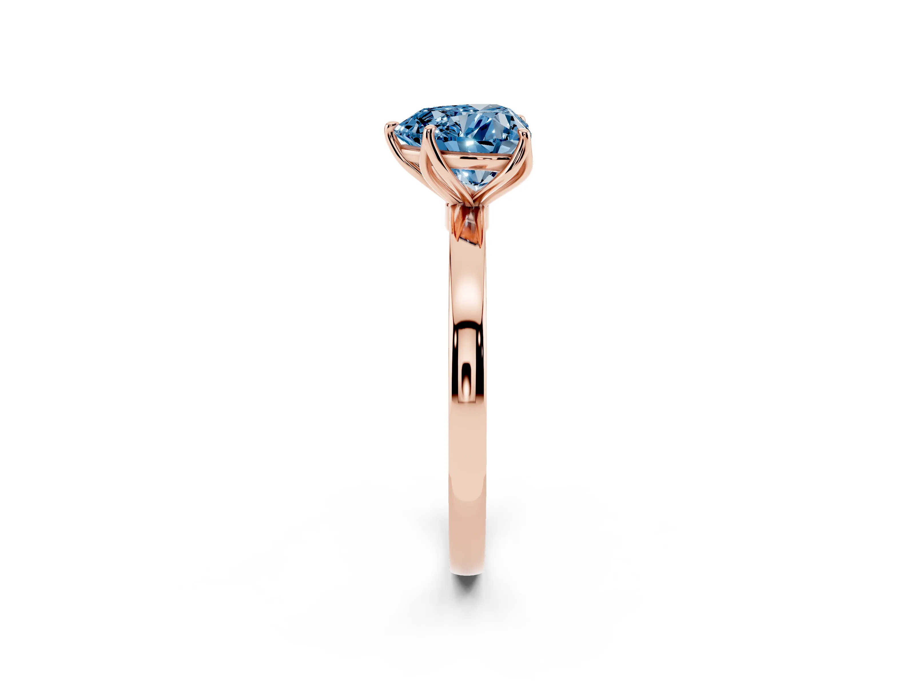 Fancy Blue Heart Cut Diamond Solitaire Ring Set in Rose gold with Prong Setting and Thin Polished Band