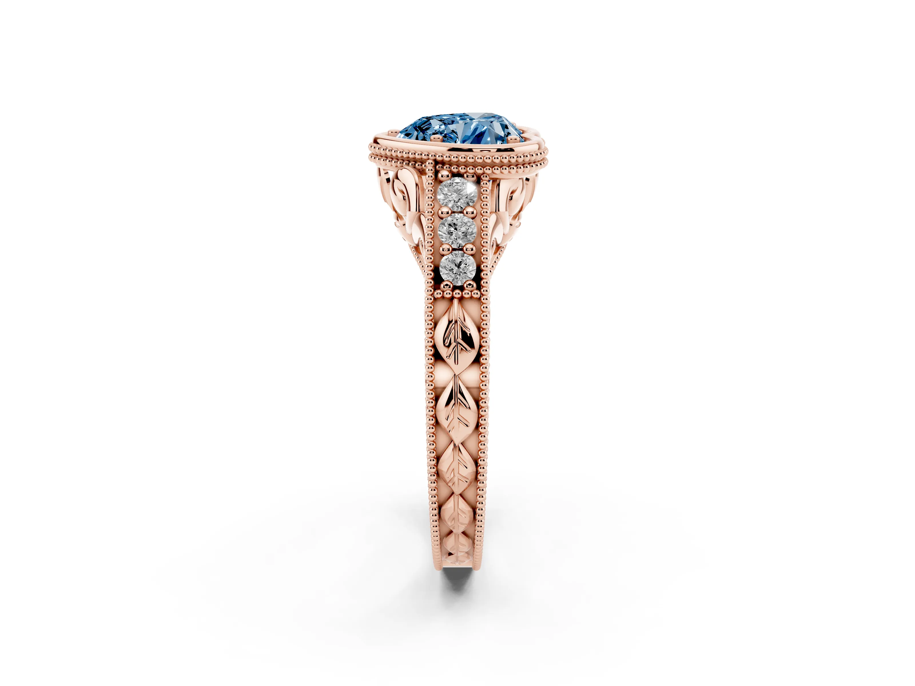 Fancy Blue Bezel Set Heart Cut Diamond Milgrain Pavé Engagement Ring Set in Rose gold