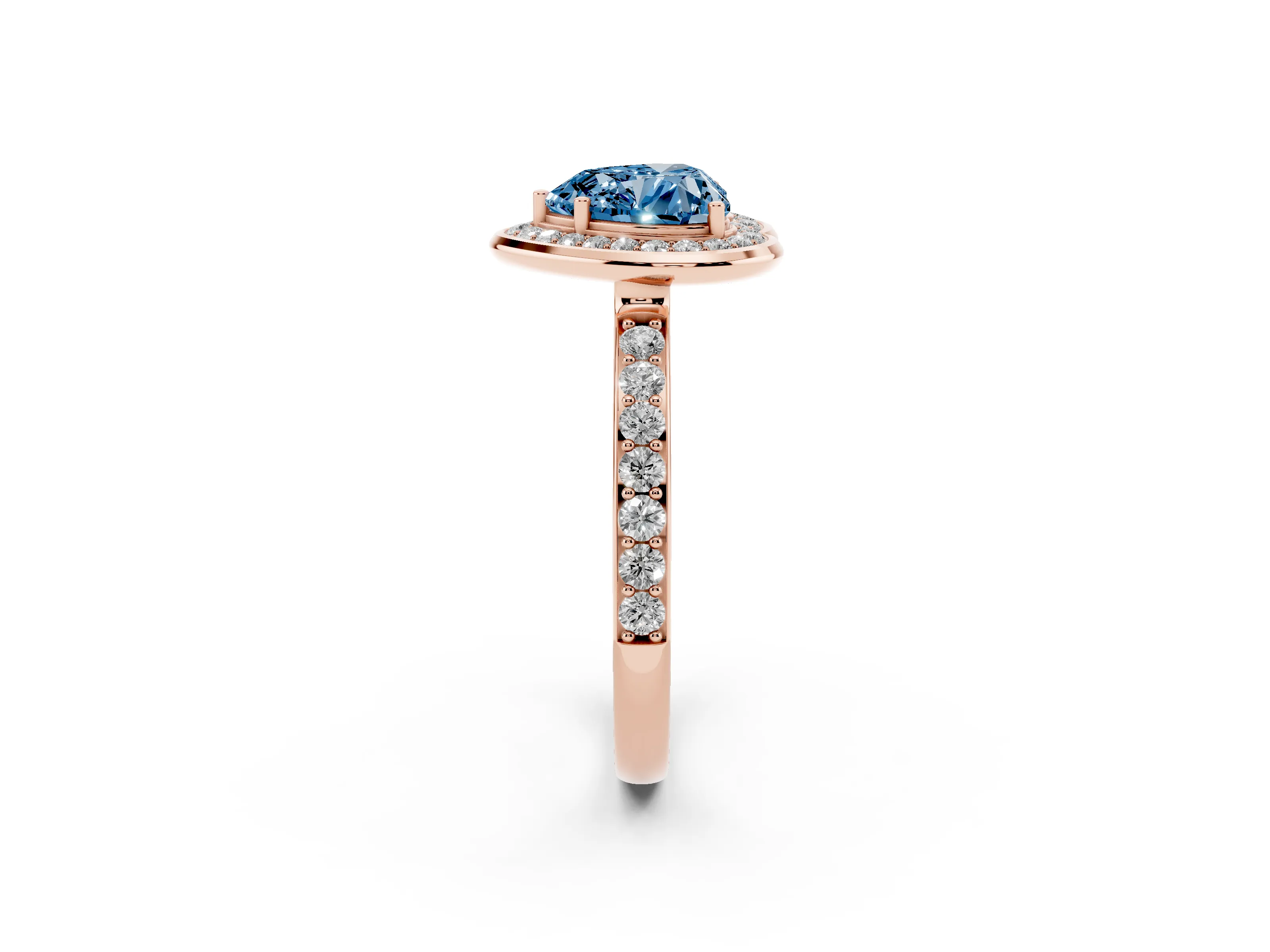 Fancy Blue Heart Cut Diamond Halo Ring Set in Rose gold with Bezel Frame and Pavé Band