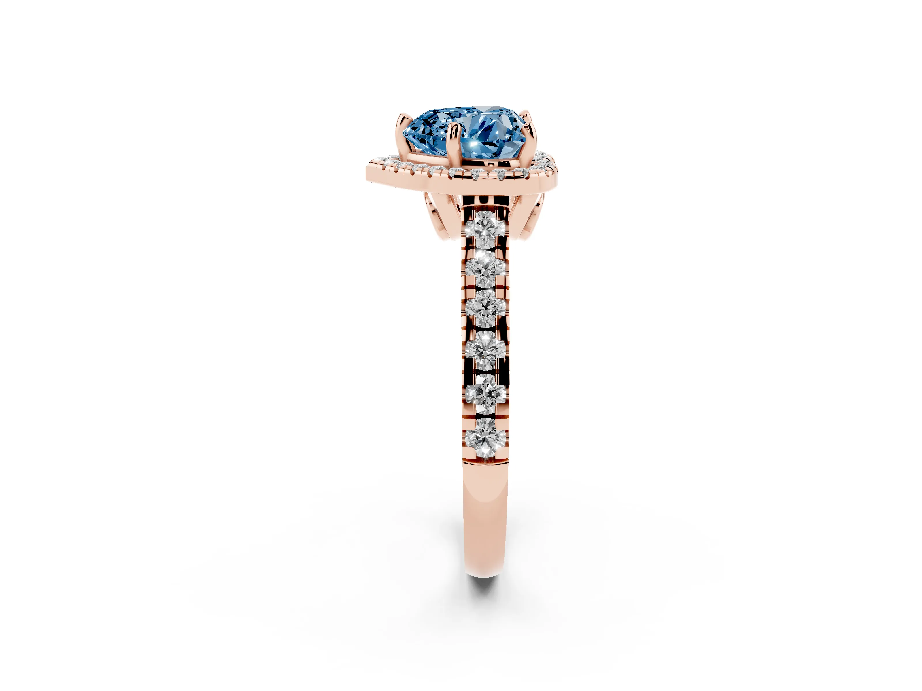 Fancy Blue Heart Cut Diamond Halo Engagement Ring Set in Rose gold with Pavé Band and Prong-Set Center