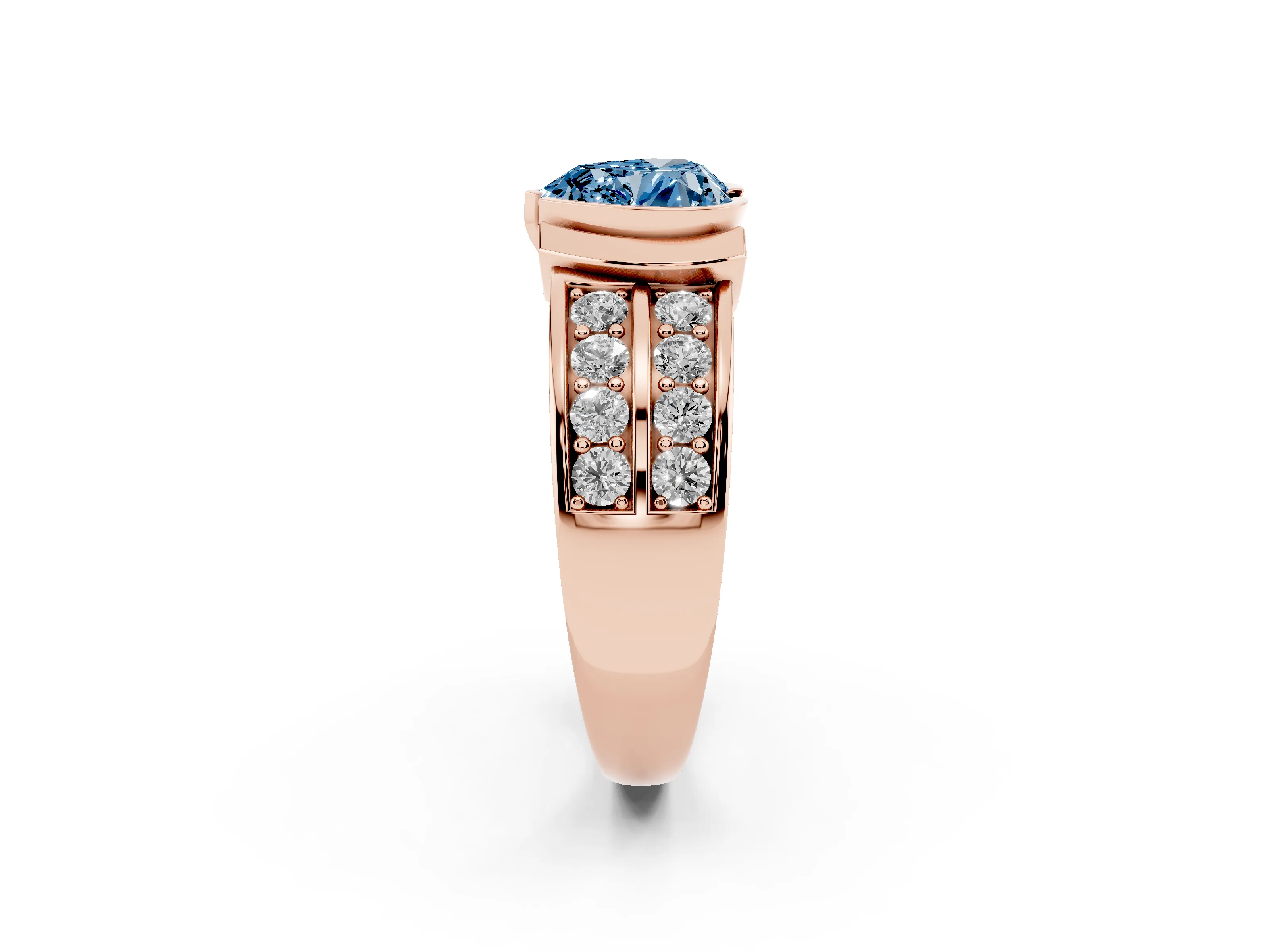 Fancy Blue Heart Cut Diamond Wide Channel Set Band Ring Set in Rose gold with Bezel Setting