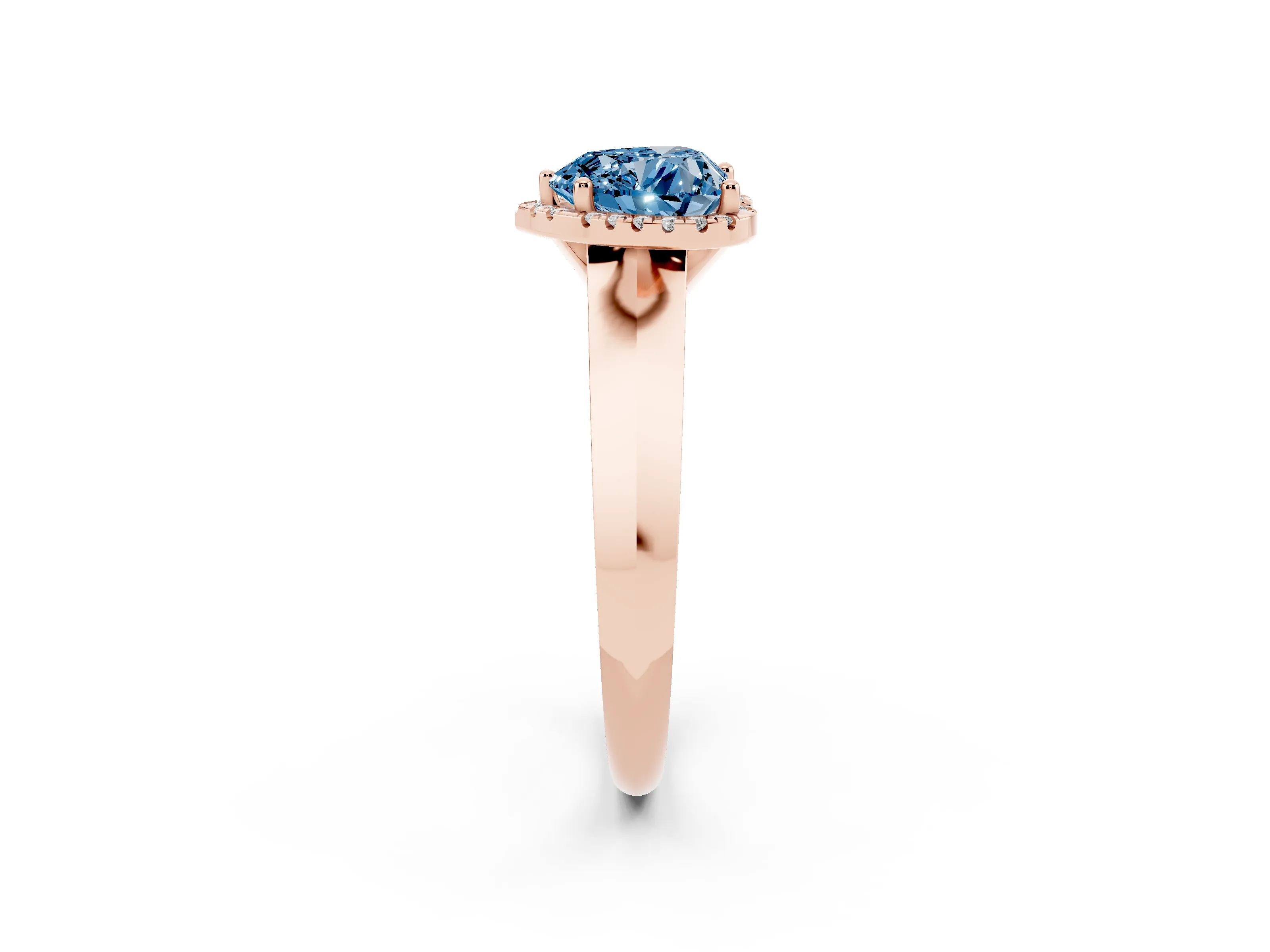 Fancy Blue Heart Cut Diamond Halo Ring Set in Rose gold with Cathedral Band and Prong Setting