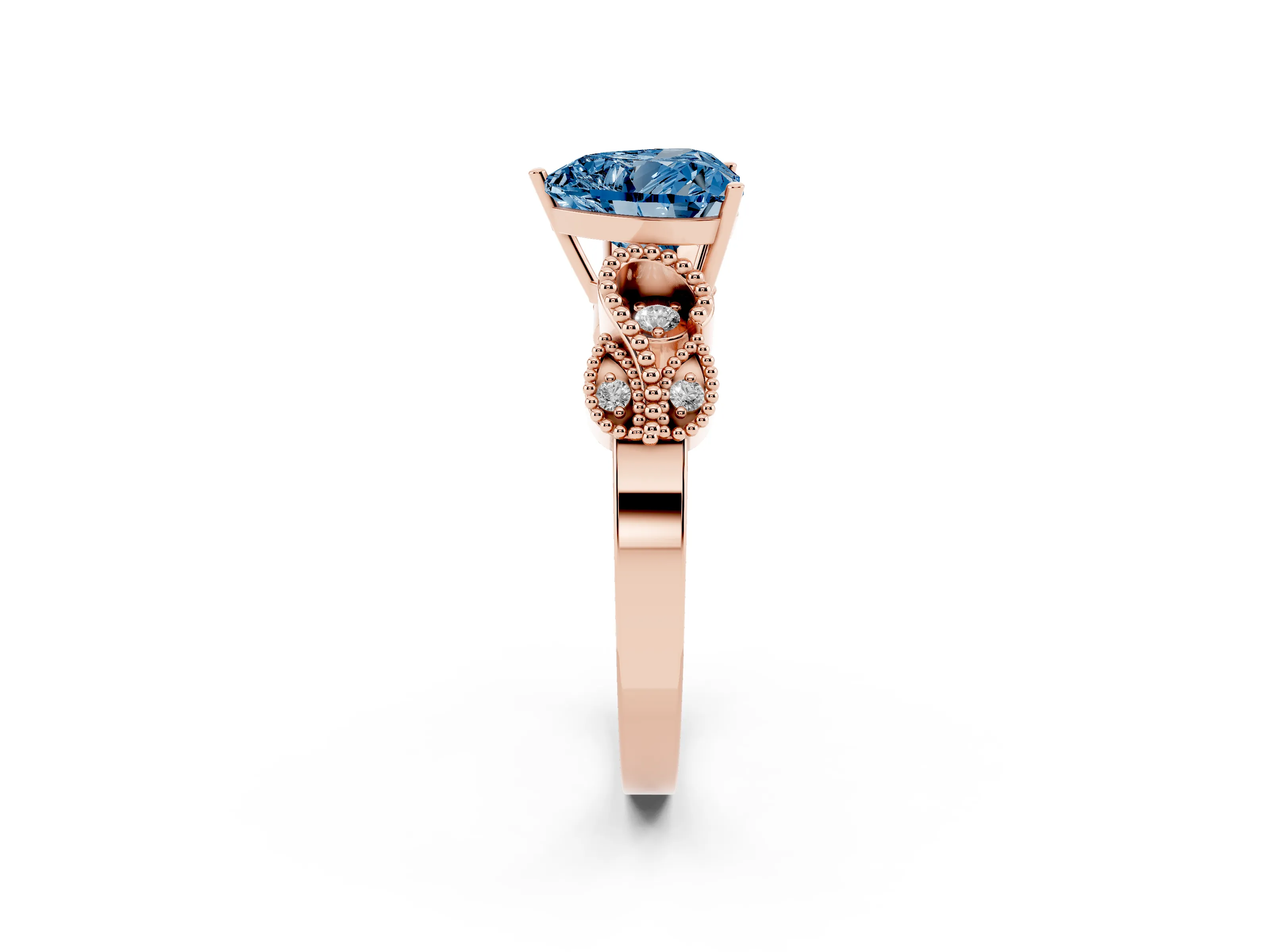 Fancy Blue Heart Cut Diamond Milgrain Leaf Band Solitaire Ring Set in Rose gold with Accent Stones and Prong Setting
